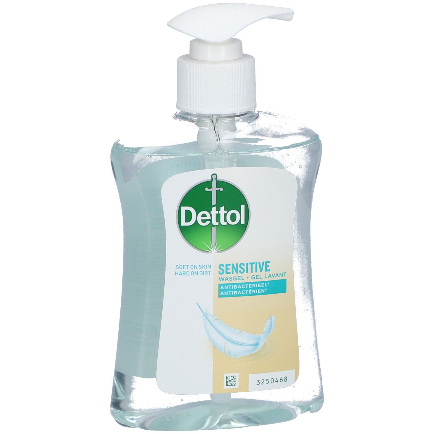 Transparante fles met witte pomp. Etiket met Dettol-logo en productnaam. Antibacteriële wasgel.