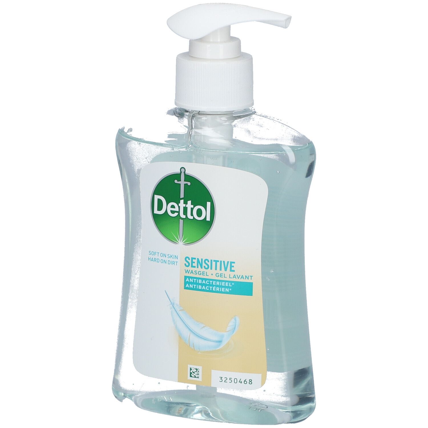Transparante fles met witte pomp. Etiket met Dettol-logo en productnaam. Antibacteriële wasgel.