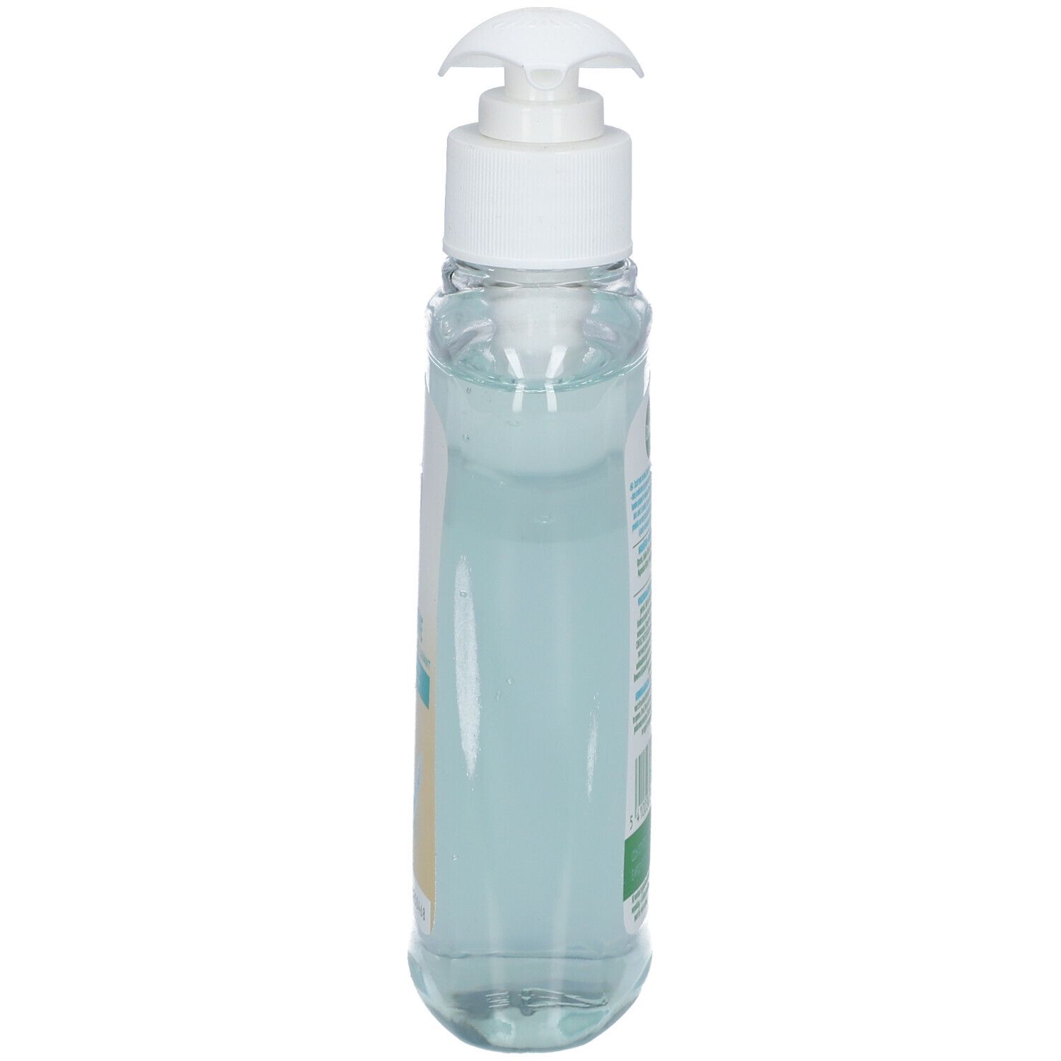Smalle, transparante fles met witte pomp. Productnaam op etiket. Antibacteriële wasgel.