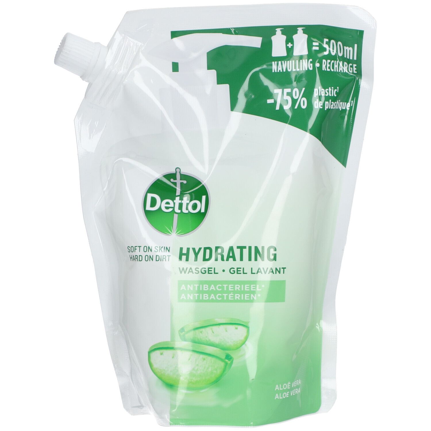 Recharge de gel lavant hydratant Dettol. Sachet blanc avec impression verte. Contient de l'aloe vera. Texte : Antibactérien.