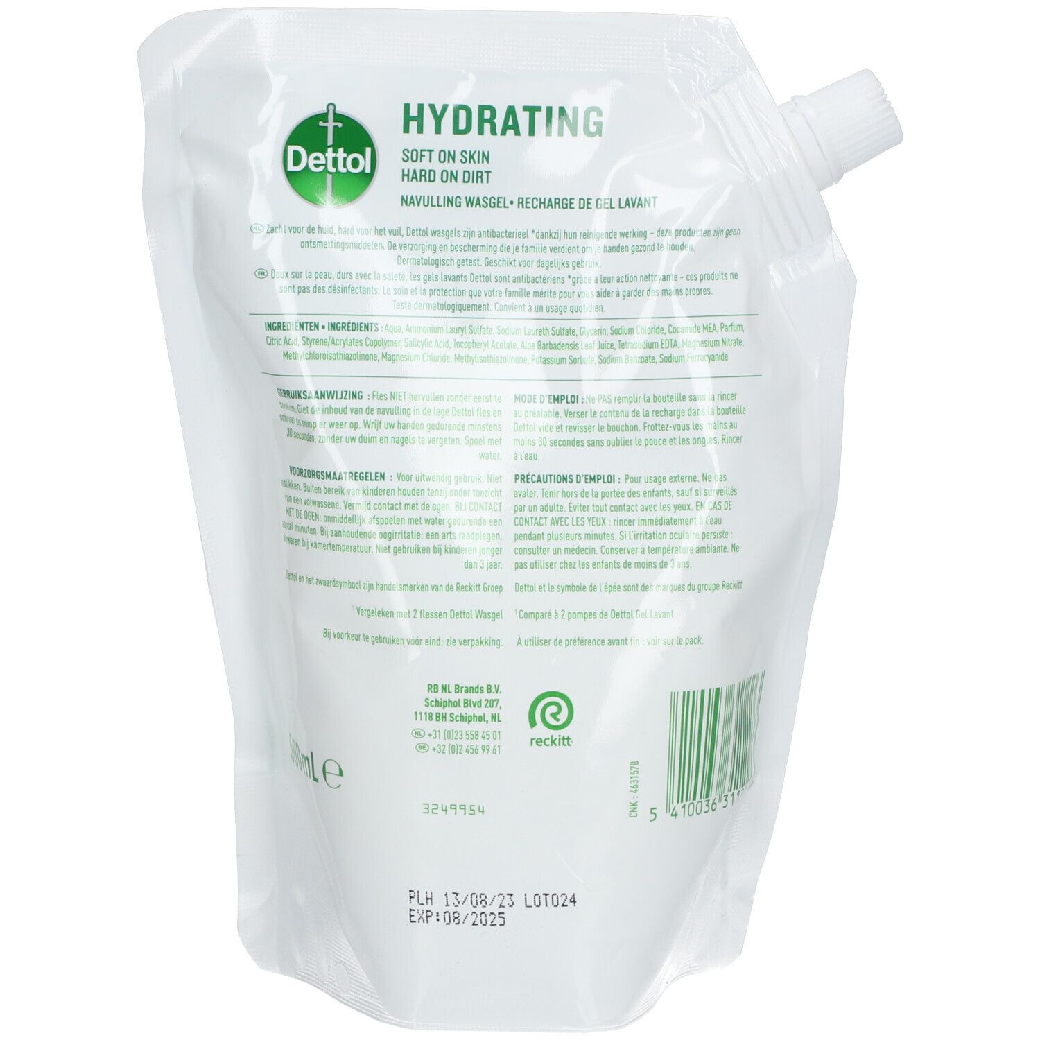 Dos du sachet de recharge de gel lavant hydratant Dettol. Blanc avec impression verte. Texte et informations.