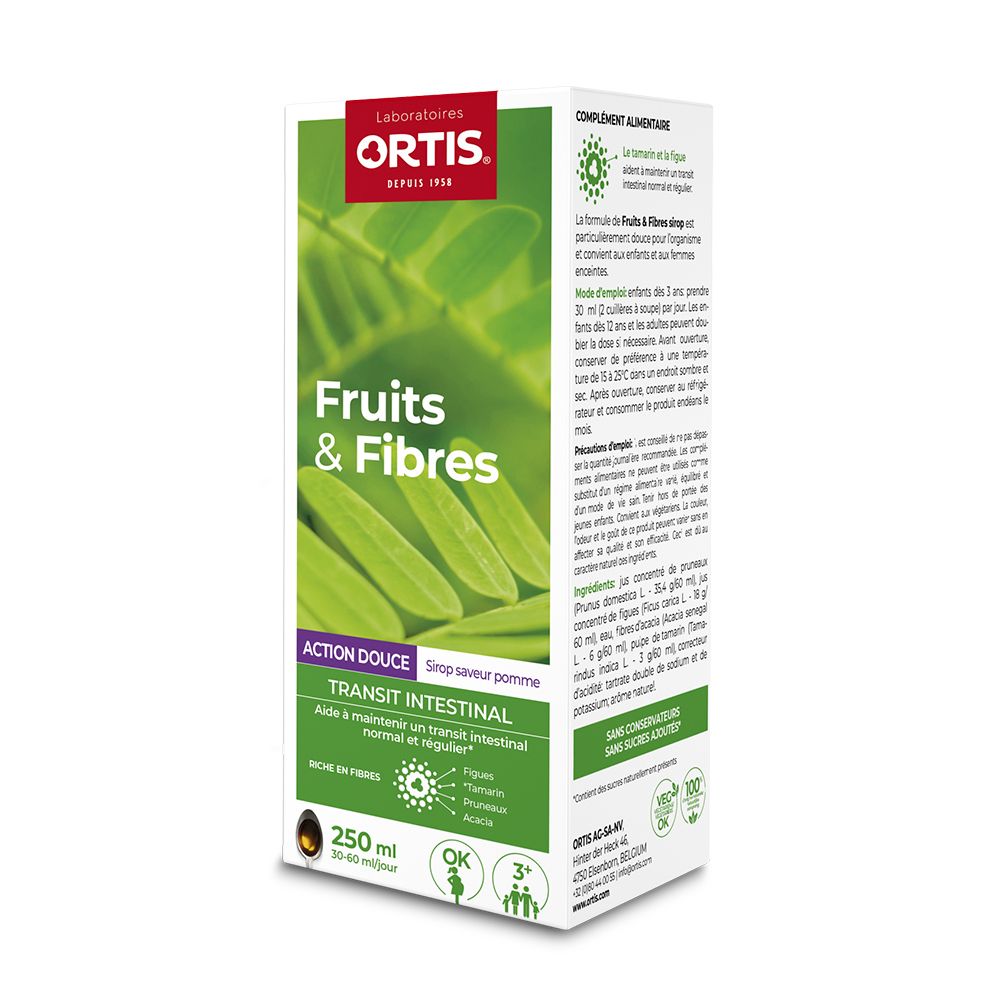 Boîte Ortis Fruits & Fibres, 250 ml. Saveur pomme, Action Douce. Transit intestinal. Ingrédients et logo OK.