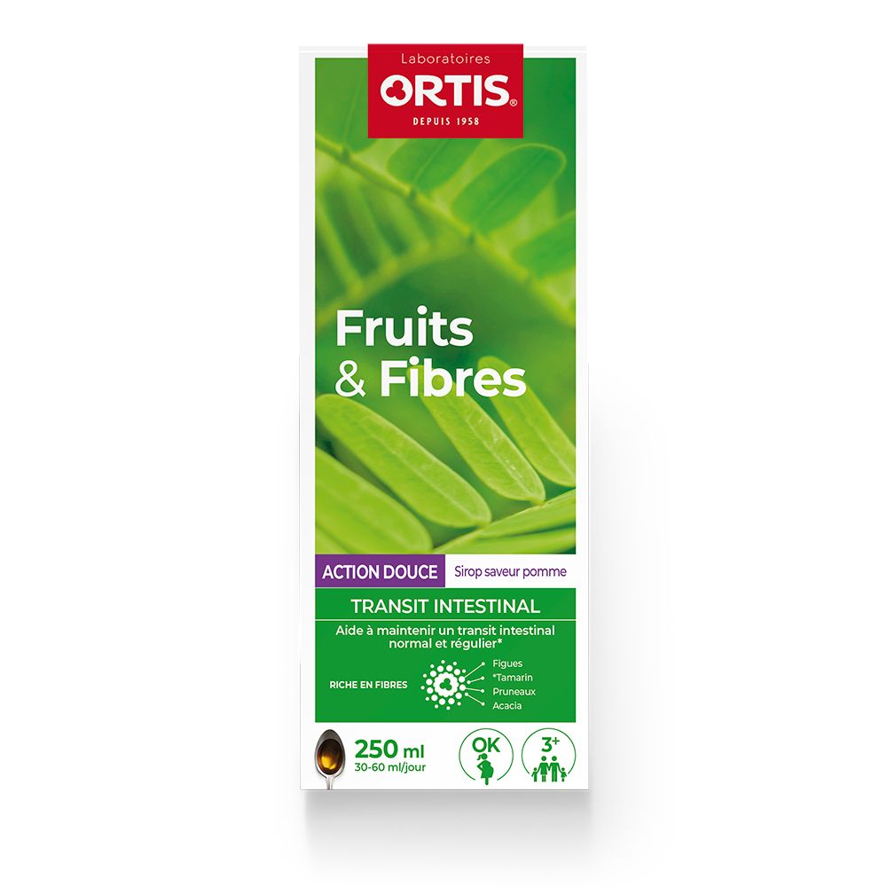 Boîte Ortis Fruits & Fibres, 250 ml. Saveur pomme, Action Douce. Transit intestinal. Ingrédients et logo OK.