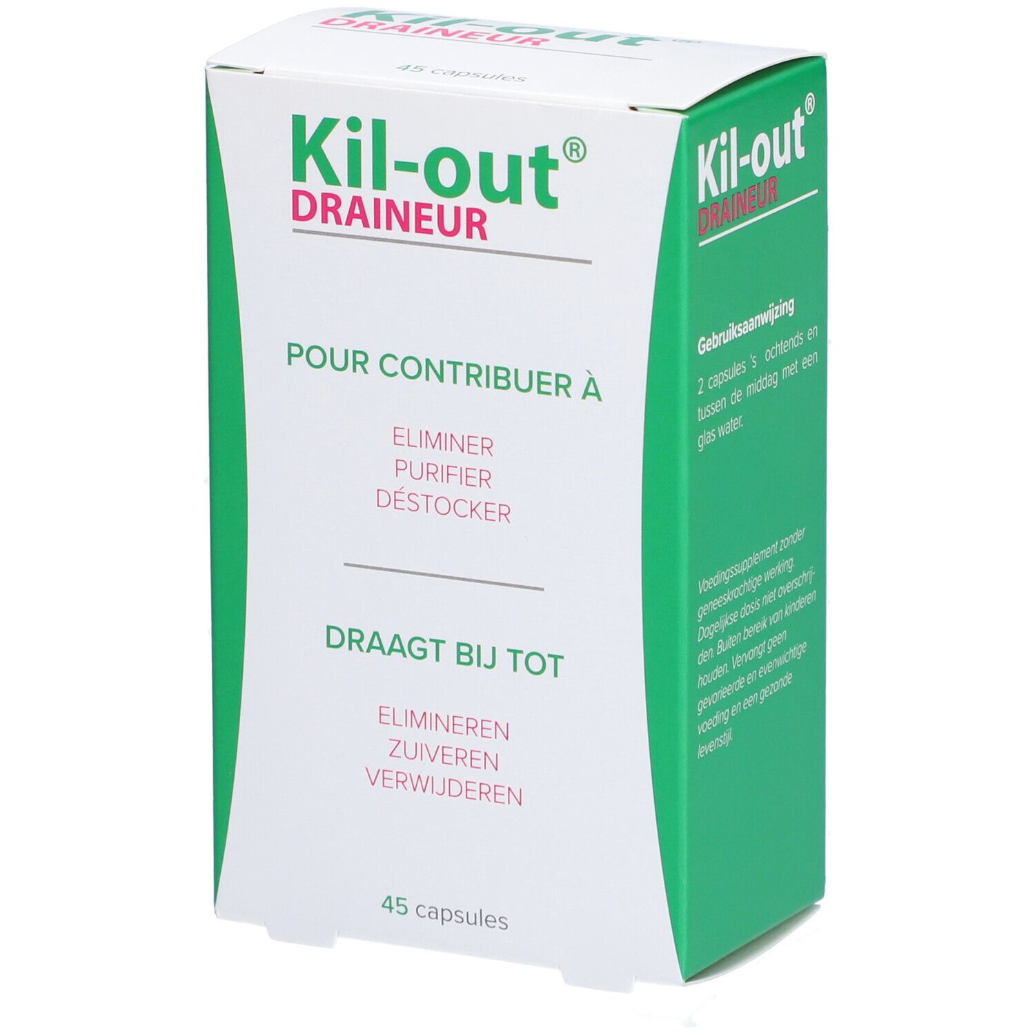 Boîte blanche et verte. Inscription: Kil-out Draineur. Contient 45 capsules. Instructions d'utilisation sur le côté.