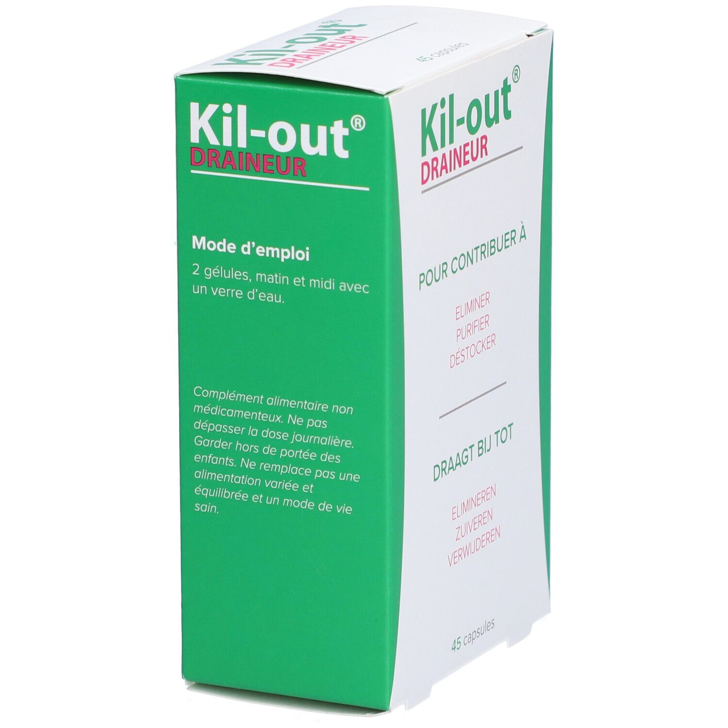 Boîte blanche et verte. Inscription: Kil-out Draineur. Mode d'emploi sur le côté. Contient 45 capsules.