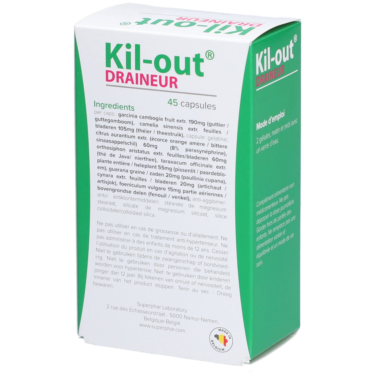 Boîte blanche et verte. Inscription: Kil-out Draineur. Contient 45 capsules. Liste des ingrédients sur le côté.