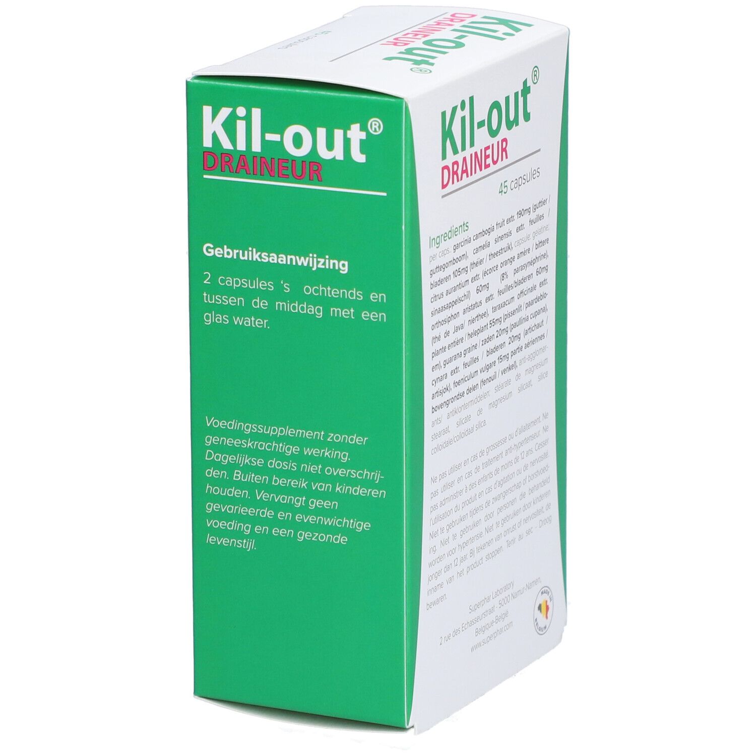 Boîte blanche et verte. Inscription: Kil-out Draineur. Contient 45 capsules. Instructions d'utilisation sur le côté.