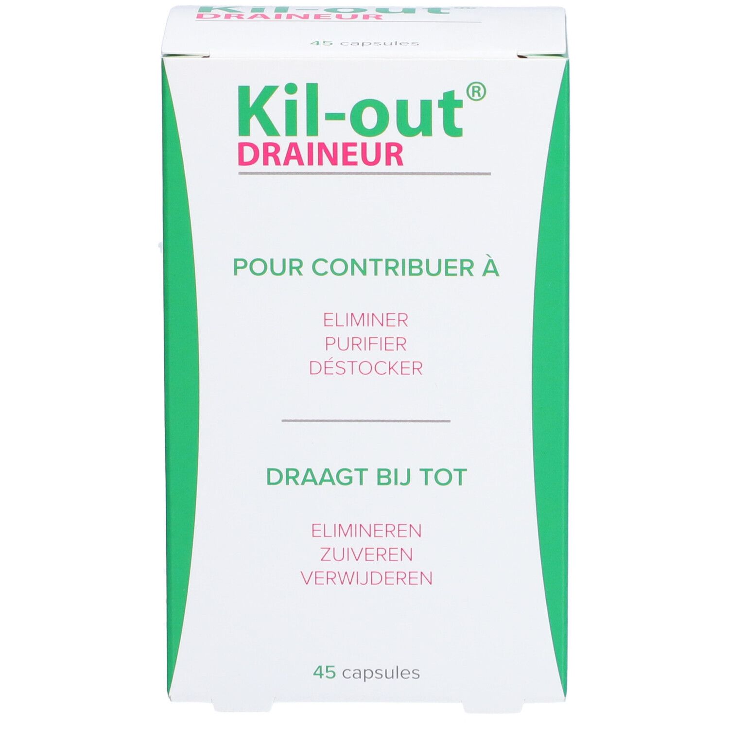 Boîte blanche et verte. Inscription: Kil-out Draineur. Contient 45 capsules. Texte: Pour contribuer à.