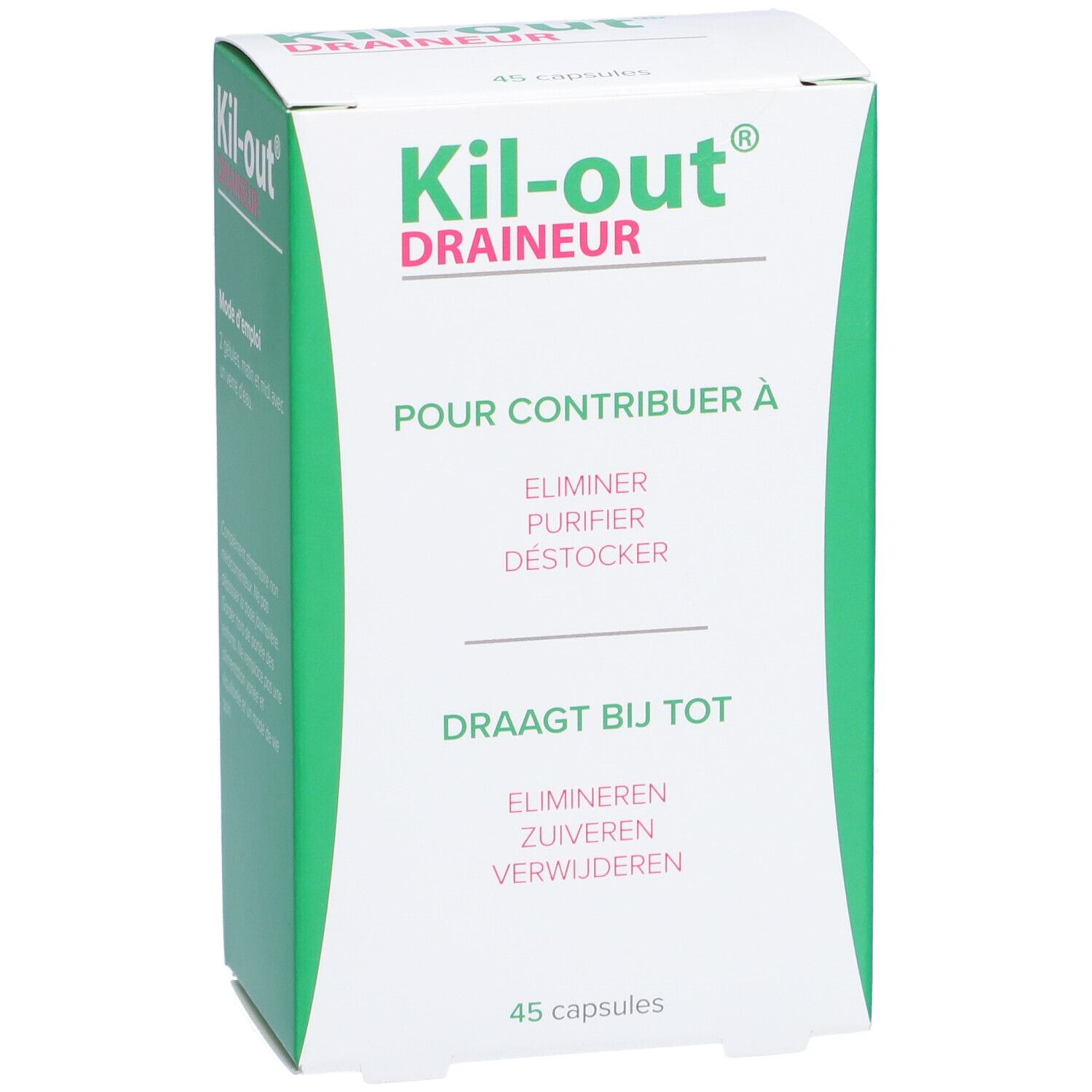 Boîte blanche et verte. Inscription: Kil-out Draineur. Contient 45 capsules. Texte: Pour contribuer à.