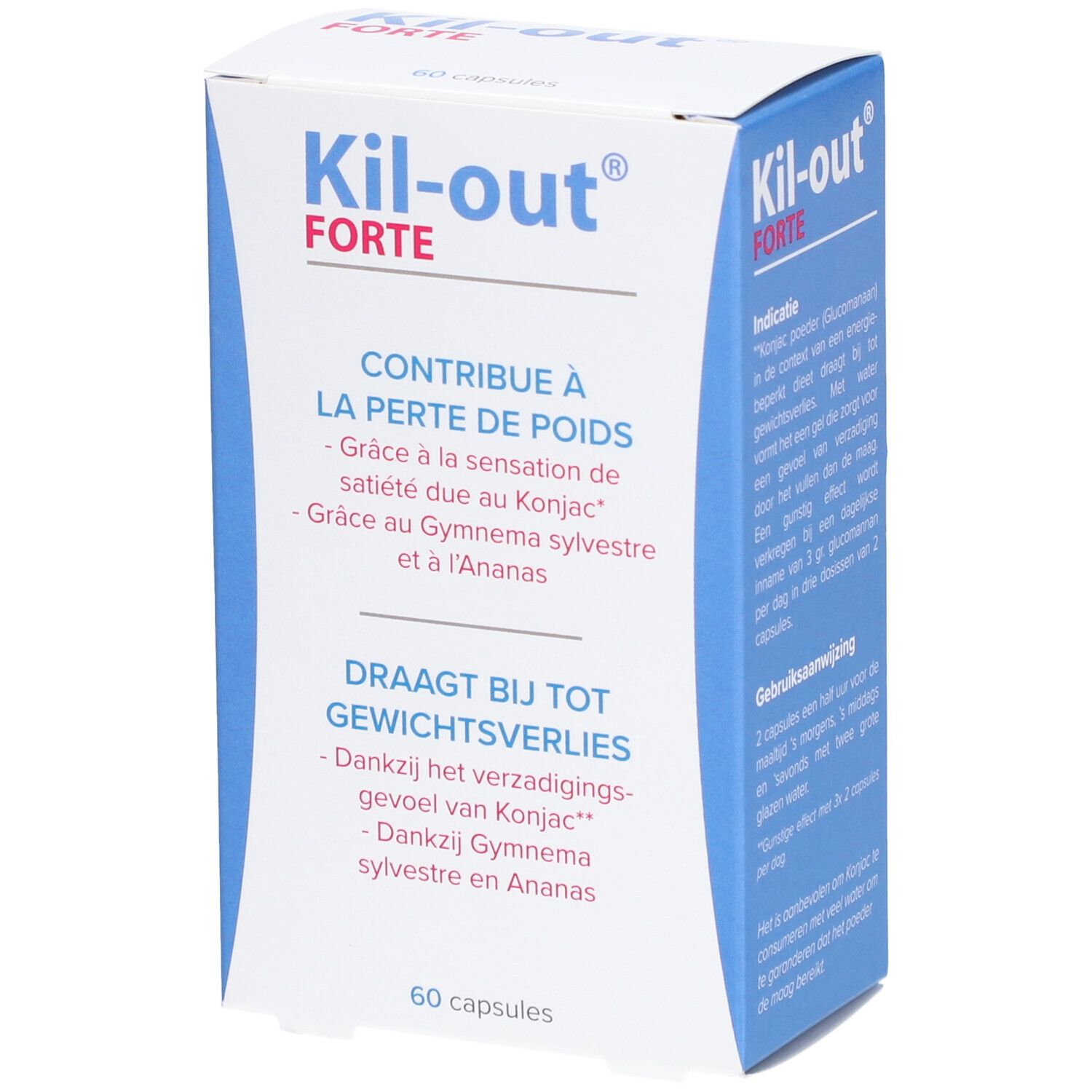 Boîte de Kil-Out® Forte. Contient 60 gélules. Texte en français et néerlandais. Emballage bleu et blanc.