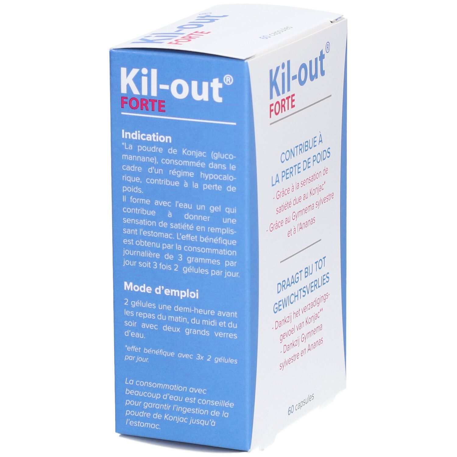 Boîte de Kil-Out® Forte. Contient 60 gélules. Texte en français et néerlandais. Informations sur l'utilisation.