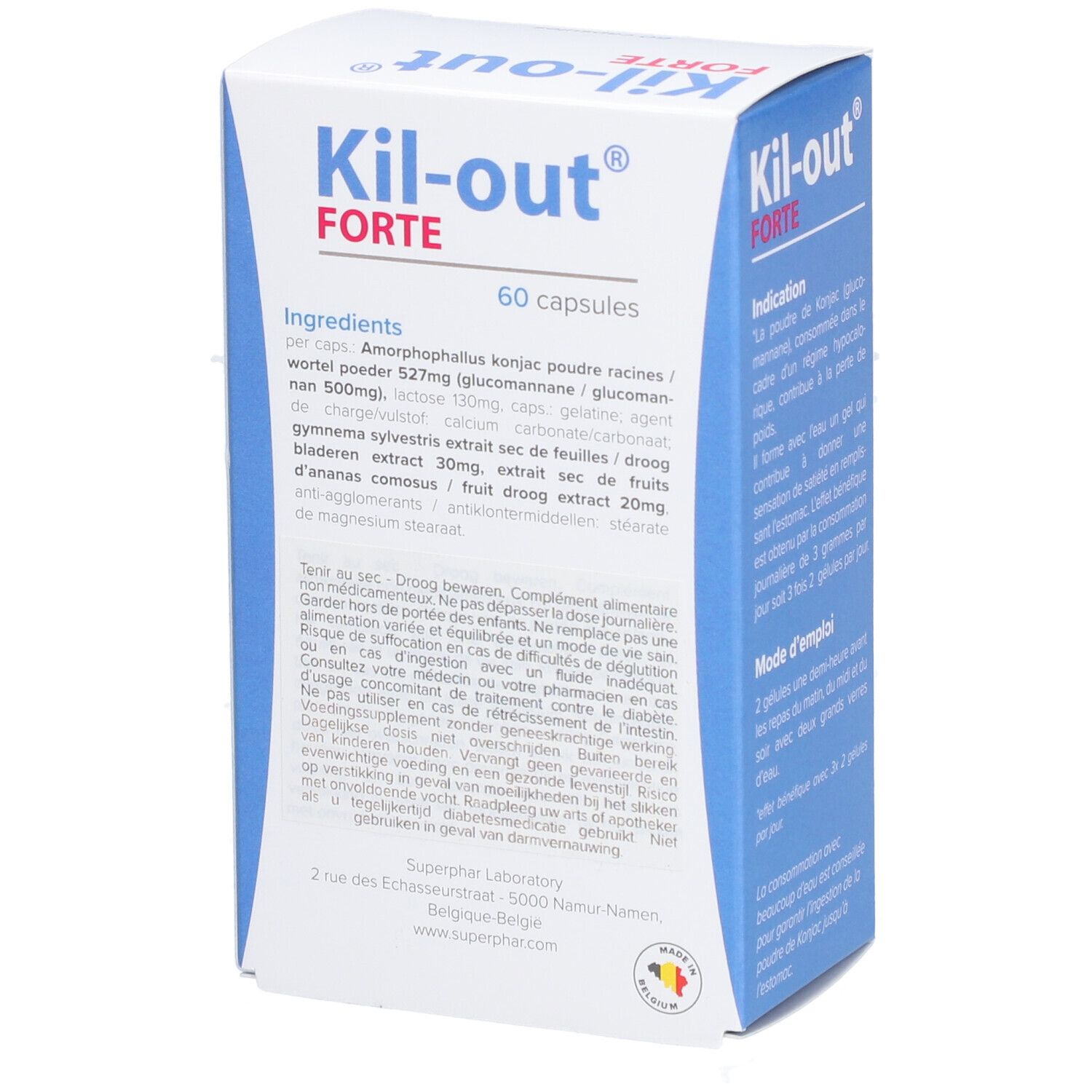 Boîte de Kil-Out® Forte. Contient 60 gélules. Liste des ingrédients au dos. Emballage bleu et blanc.