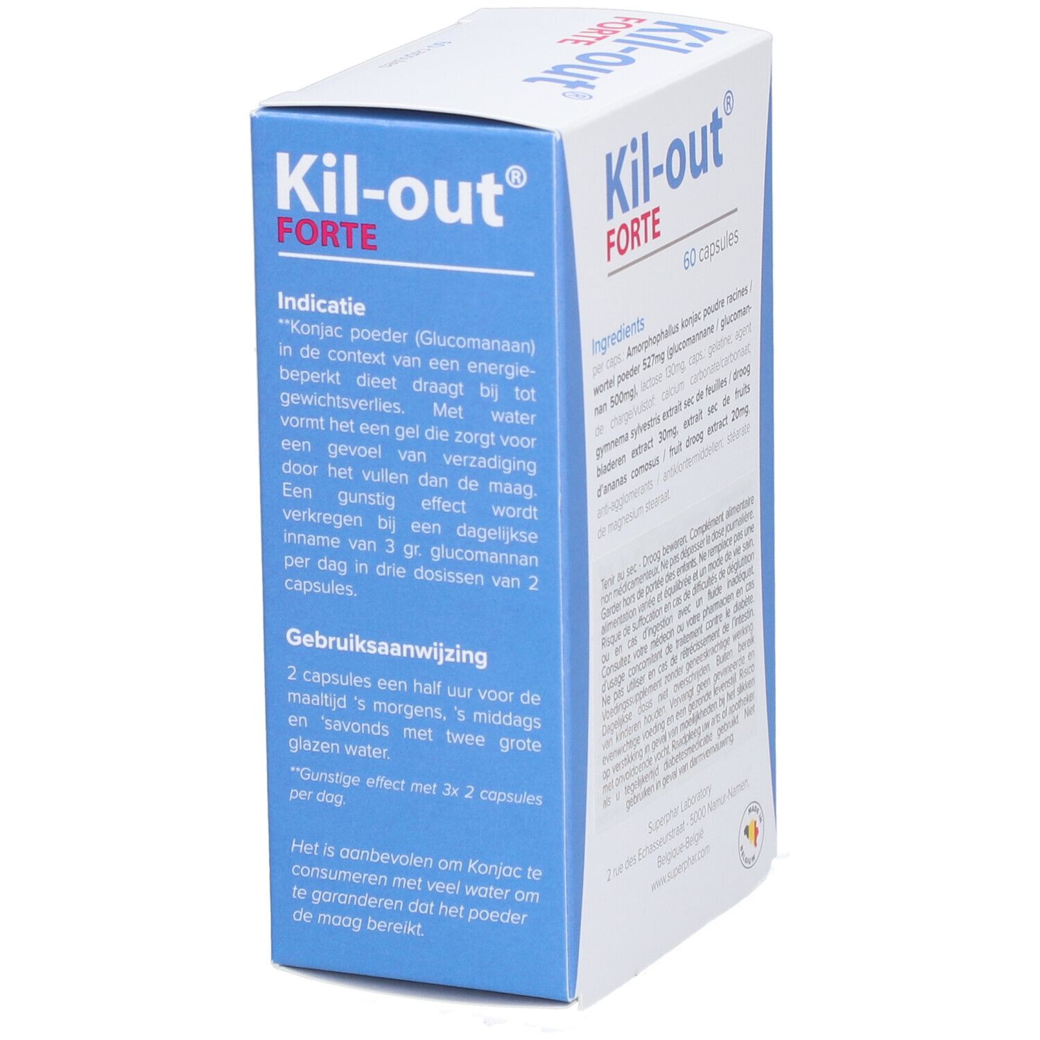 Boîte de Kil-Out® Forte. Contient 60 gélules. Texte en français et néerlandais. Informations sur l'utilisation.