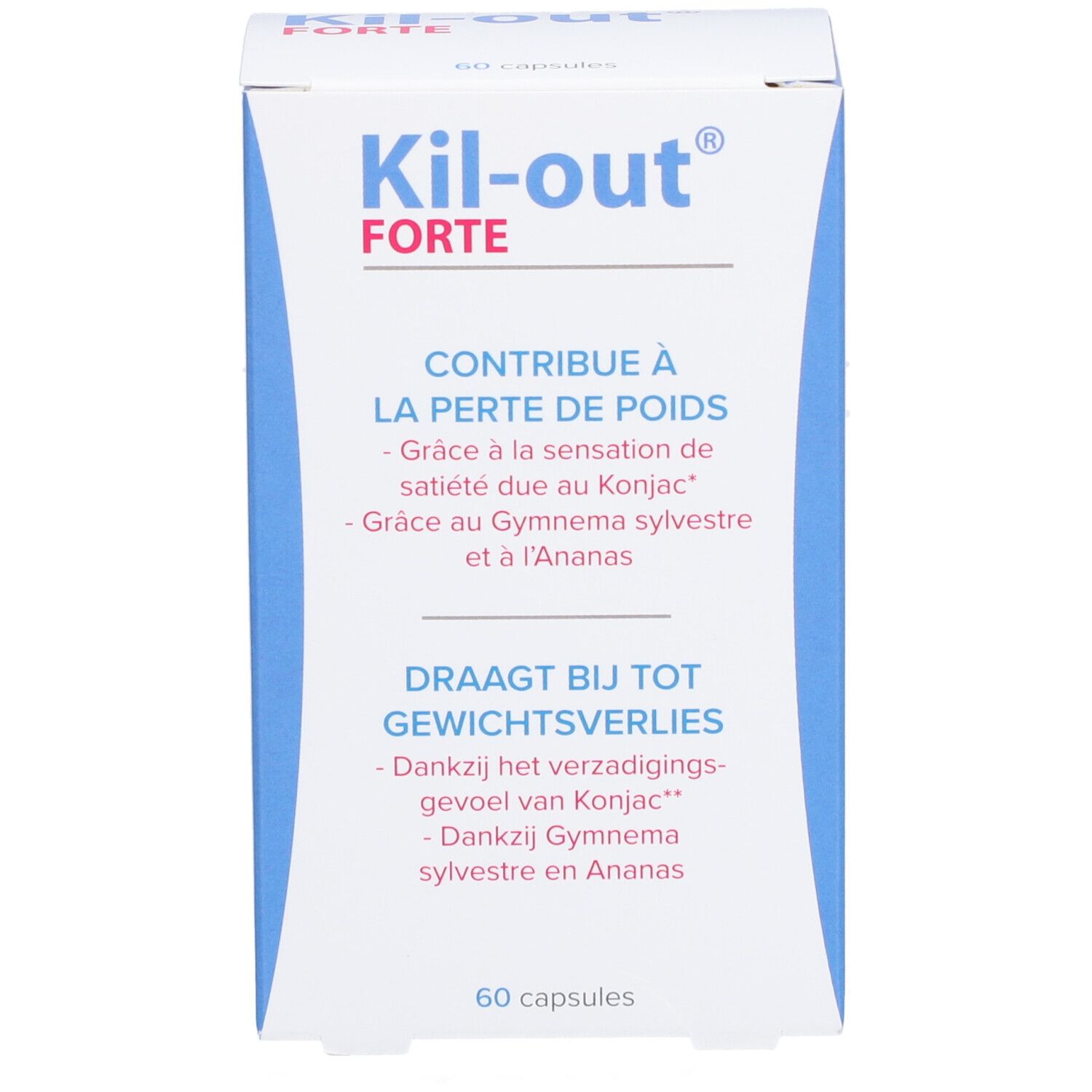 Boîte de Kil-Out® Forte. Contient 60 gélules. Texte en français et néerlandais. Emballage bleu et blanc.