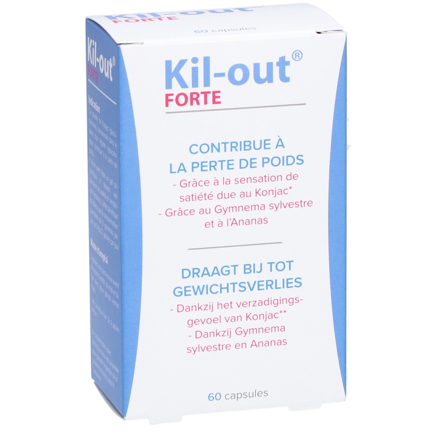Boîte de Kil-Out® Forte. Contient 60 gélules. Texte en français et néerlandais. Emballage bleu et blanc.