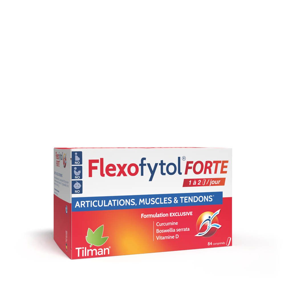 Boîte rouge et blanche Flexofytol FORTE. Contient 84 comprimés. Inscription : Articulations, muscles & tendons. Marque Tilman.