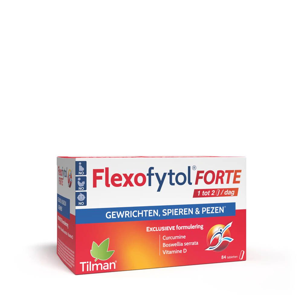 Rode en witte doos Flexofytol FORTE. Bevat 84 tabletten. Opschrift: Gewrichten, spieren & pezen. Merk Tilman.