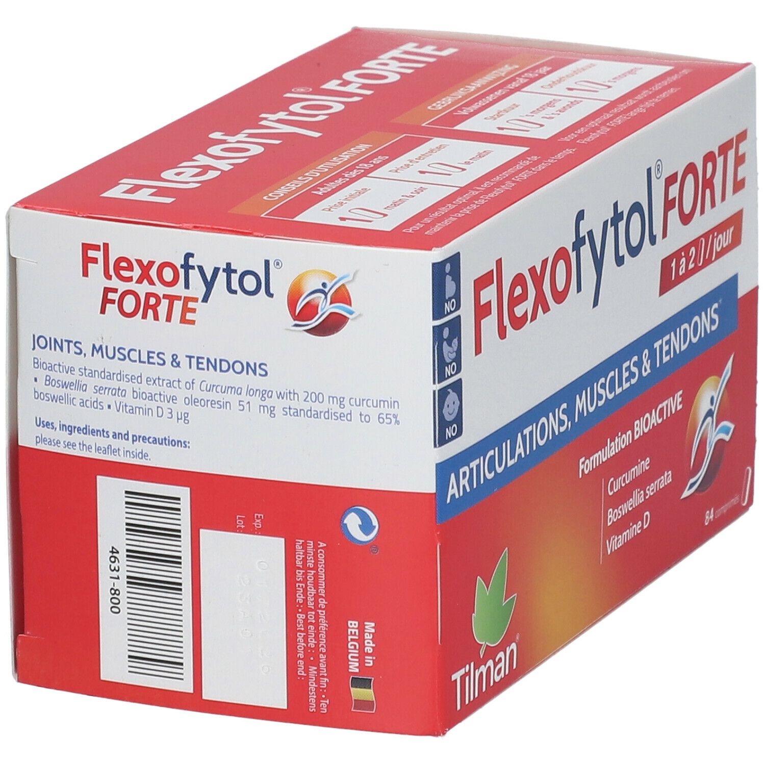 Rode en witte doos Flexofytol FORTE. Bevat 84 tabletten. Opschrift: Gewrichten, spieren & pezen. Merk Tilman. Gemaakt in België.