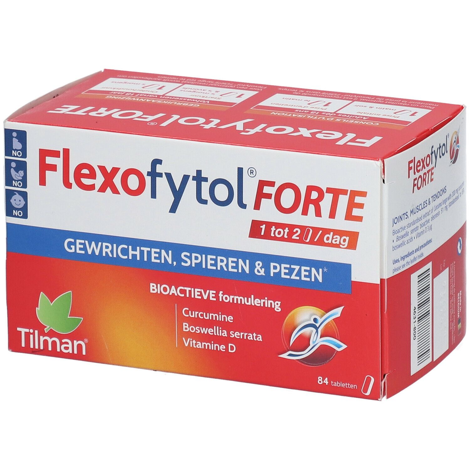 Rode en witte doos Flexofytol FORTE. Bevat 84 tabletten. Opschrift: Gewrichten, spieren & pezen. Merk Tilman.