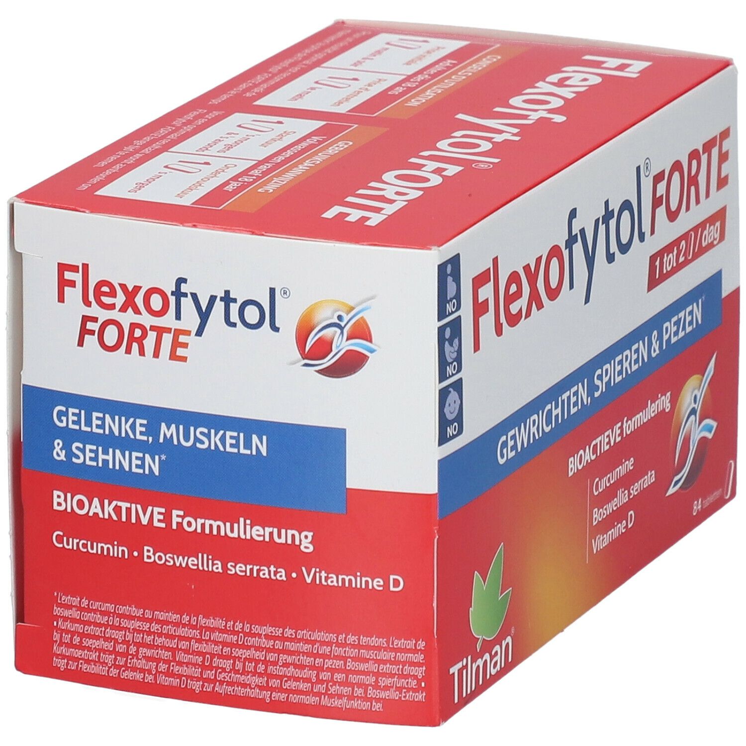 Rode en witte doos Flexofytol FORTE. Bevat 84 tabletten. Opschrift: Gewrichten, spieren & pezen. Merk Tilman.
