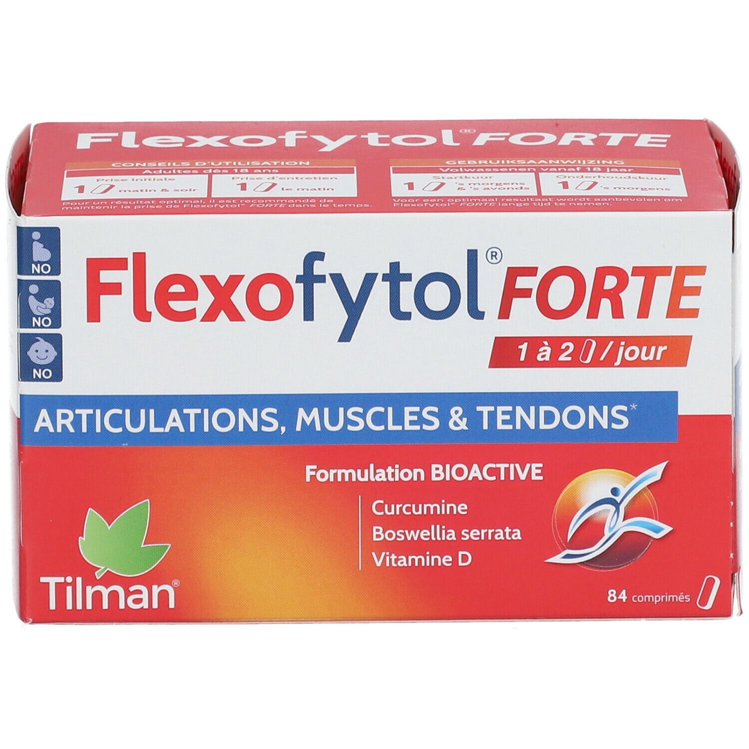 Rode en witte doos Flexofytol FORTE. Bevat 84 tabletten. Opschrift: Gewrichten, spieren & pezen. Merk Tilman.