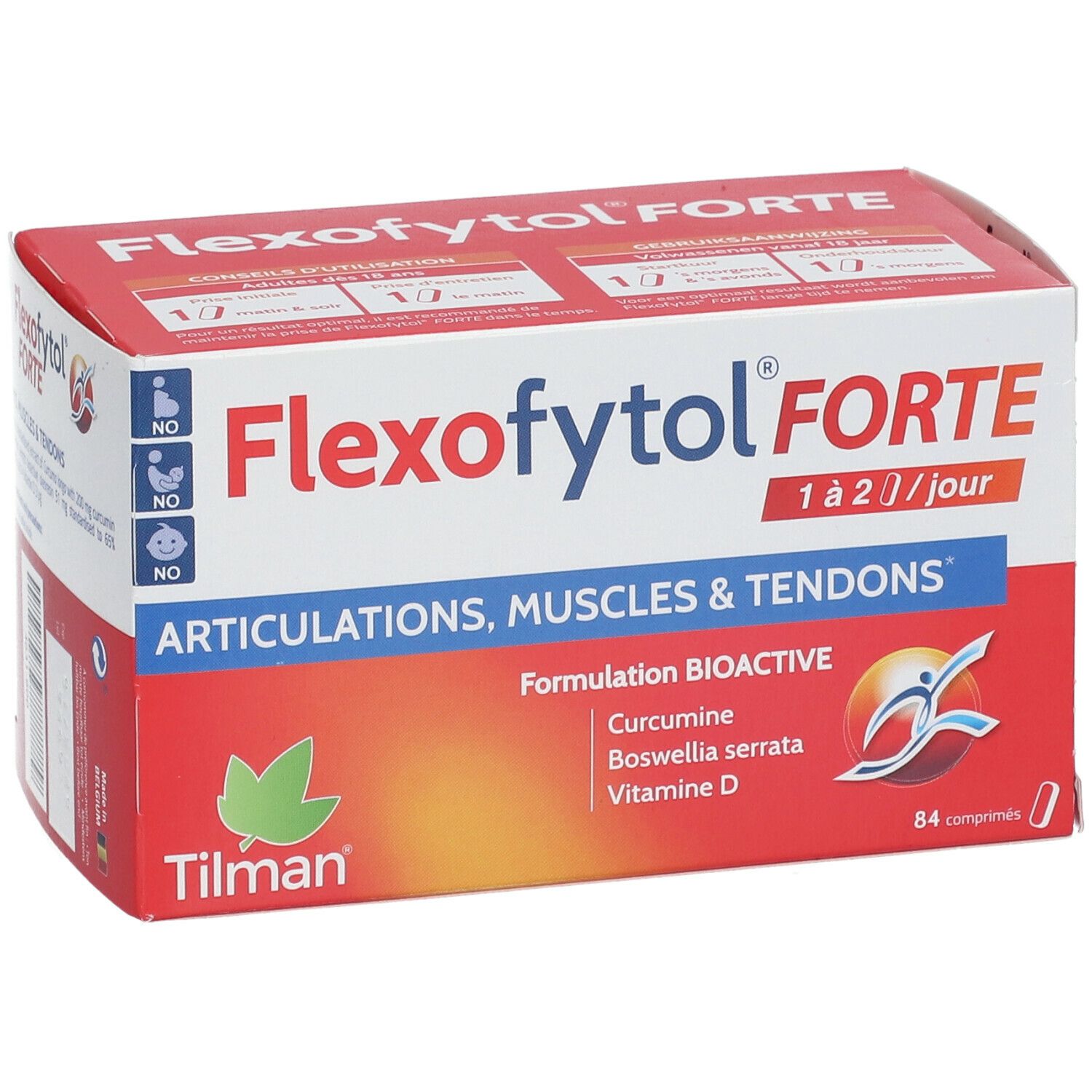 Rode en witte doos Flexofytol FORTE. Bevat 84 tabletten. Opschrift: Gewrichten, spieren & pezen. Merk Tilman.
