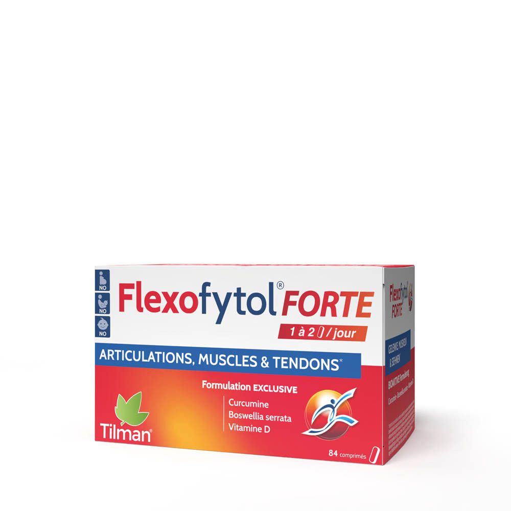 Boîte rouge et blanche Flexofytol FORTE. Contient 84 comprimés. Inscription : Articulations, muscles & tendons. Marque Tilman.
