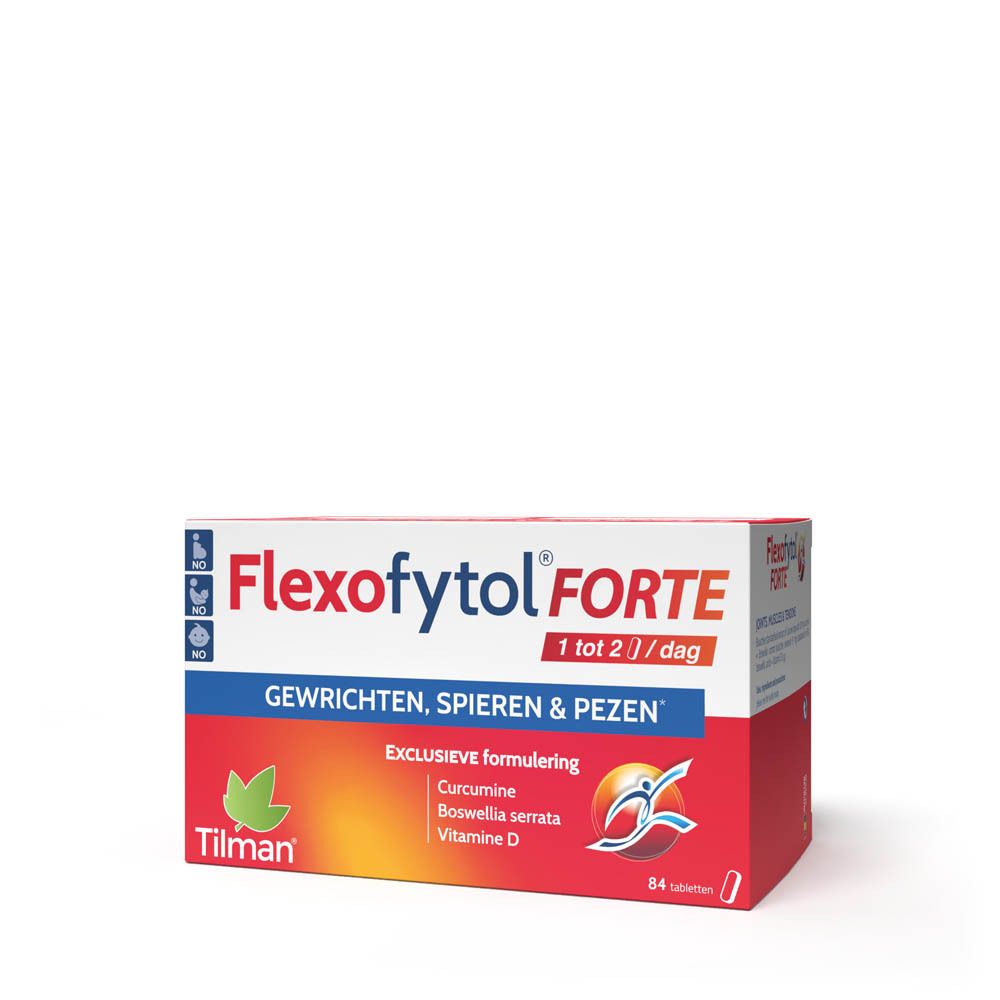 Rode en witte doos Flexofytol FORTE. Bevat 84 tabletten. Opschrift: Gewrichten, spieren & pezen. Merk Tilman.