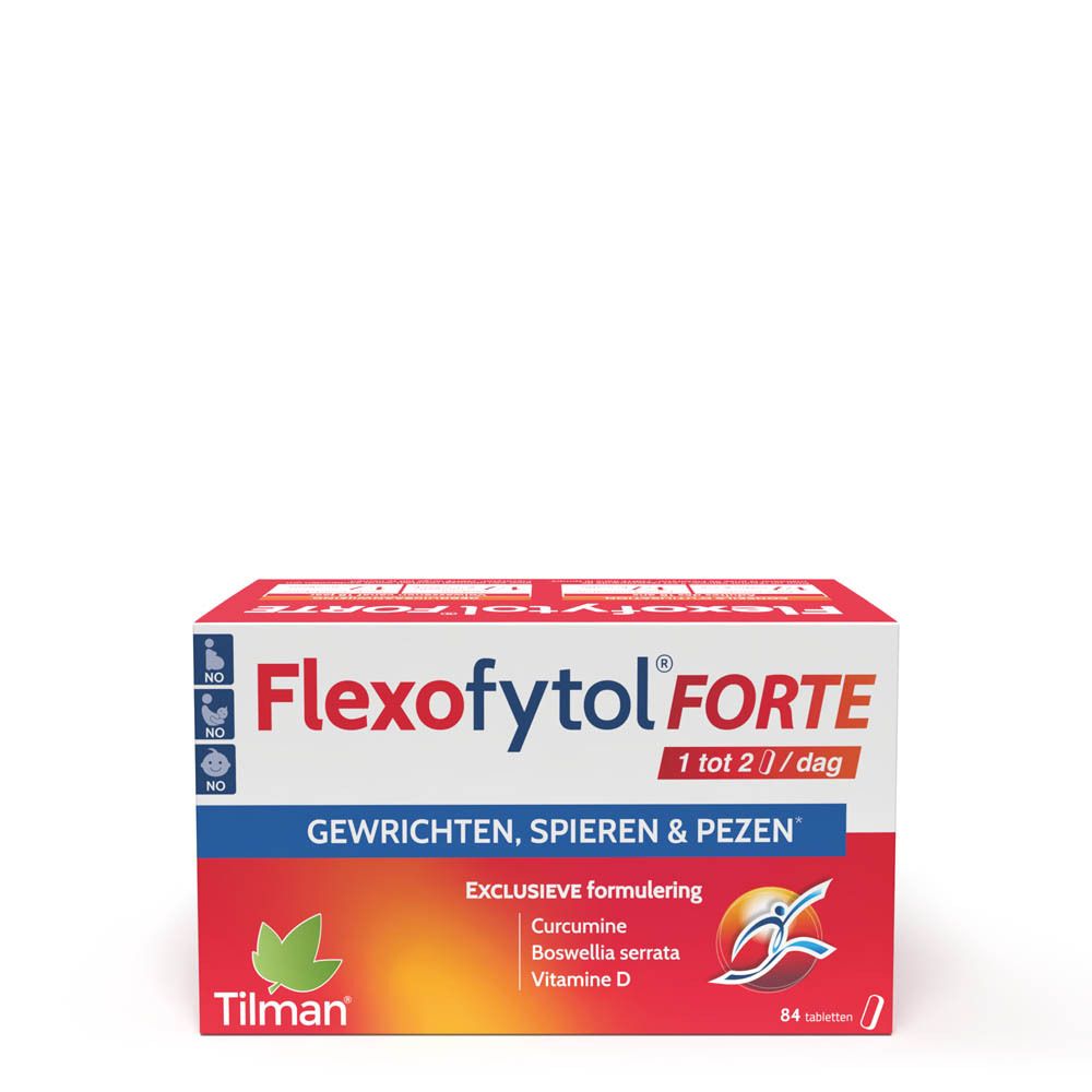 Rode en witte doos Flexofytol FORTE. Bevat 84 tabletten. Opschrift: Gewrichten, spieren & pezen. Merk Tilman.