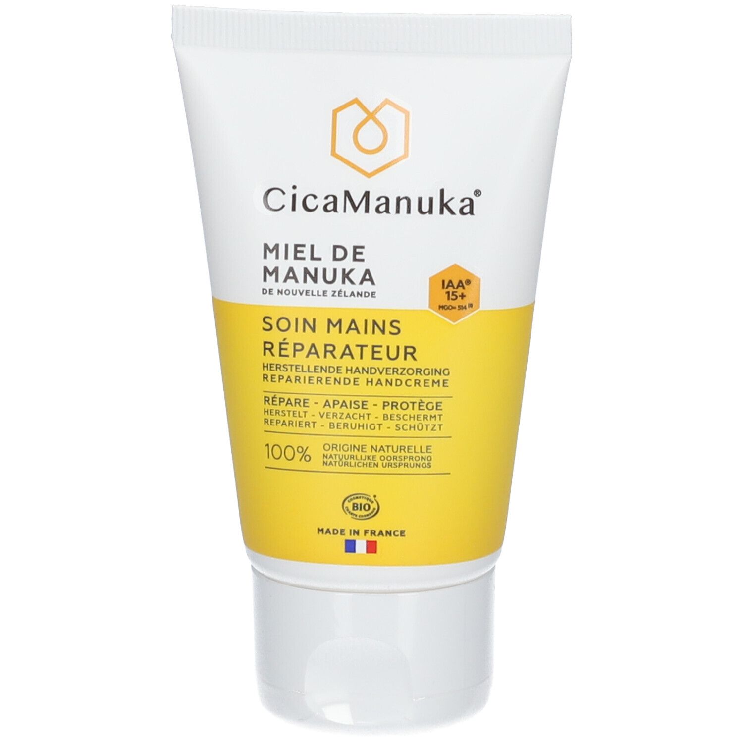 CicaManuka® Handcreme-Tube. Weiß-gelb, mit Produktnamen und Logo. Text: "Soin Mains Réparateur".