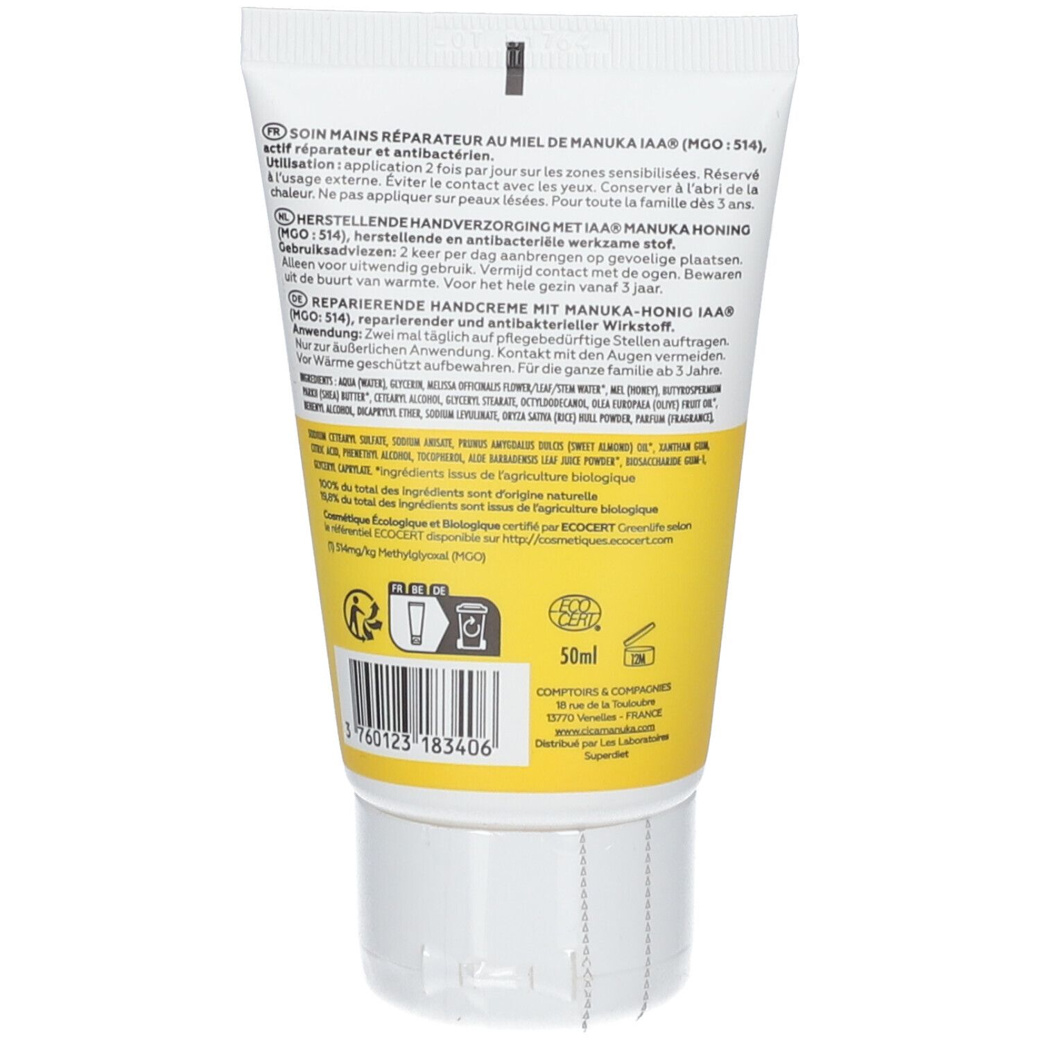 Rückseite der CicaManuka® Handcreme-Tube. Gelber Hintergrund, Text und Barcode. ECOCERT-Logo.