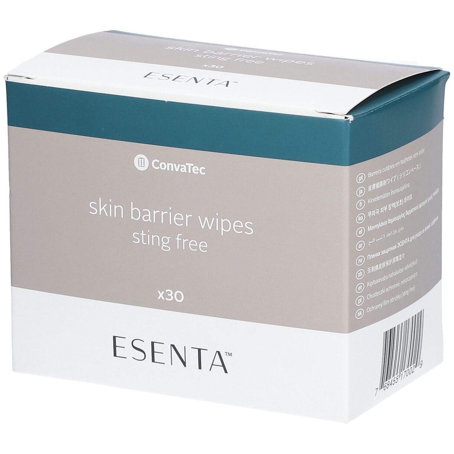 Doosje ESENTA Skin Barrier Wipes. Bevat 30 doekjes. Verpakking in wit, grijs en blauw. Merk en productnaam duidelijk zichtbaar.