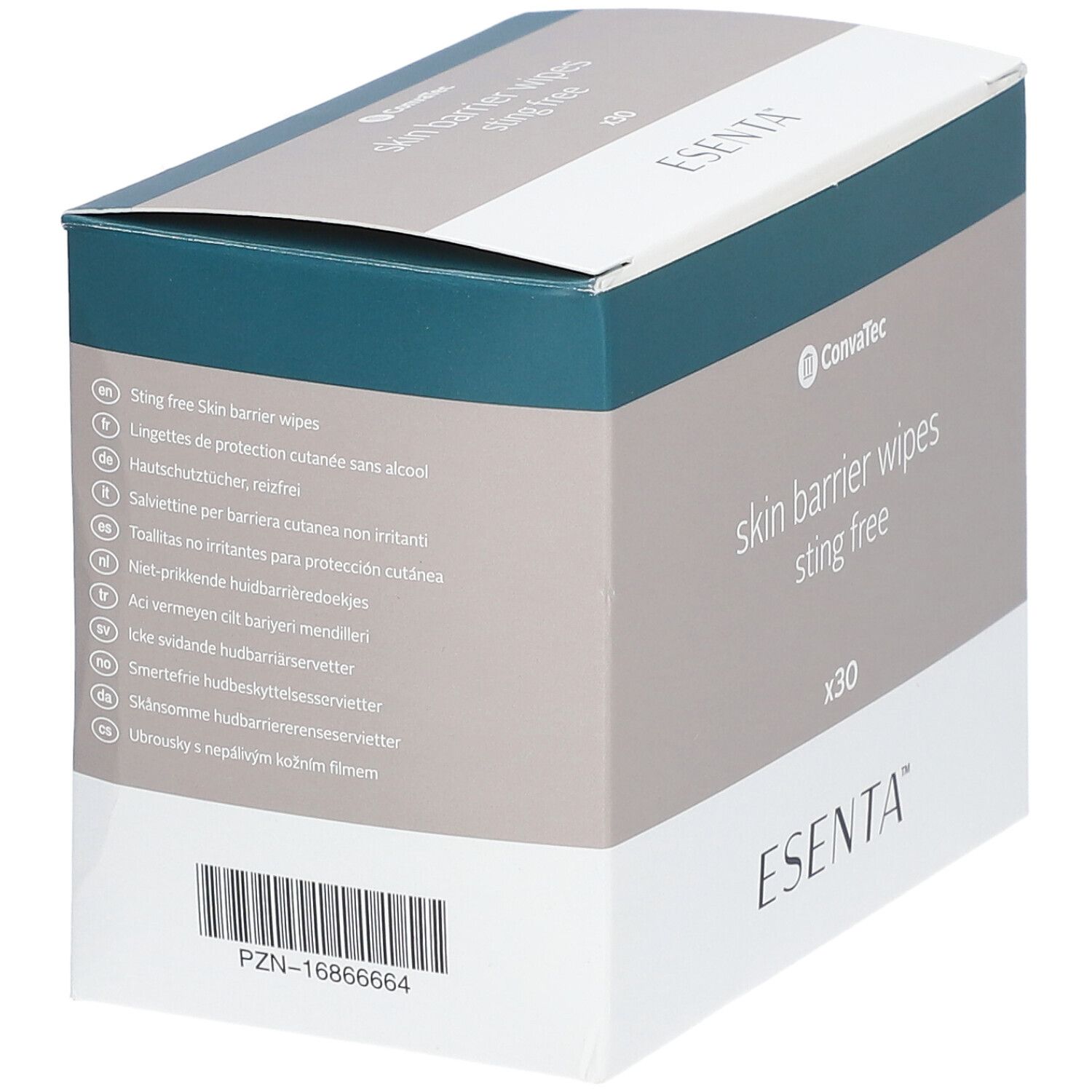 Doosje ESENTA Skin Barrier Wipes. Bevat 30 doekjes. Verpakking in wit, grijs en blauw. Productnaam en merk zichtbaar. Barcode.