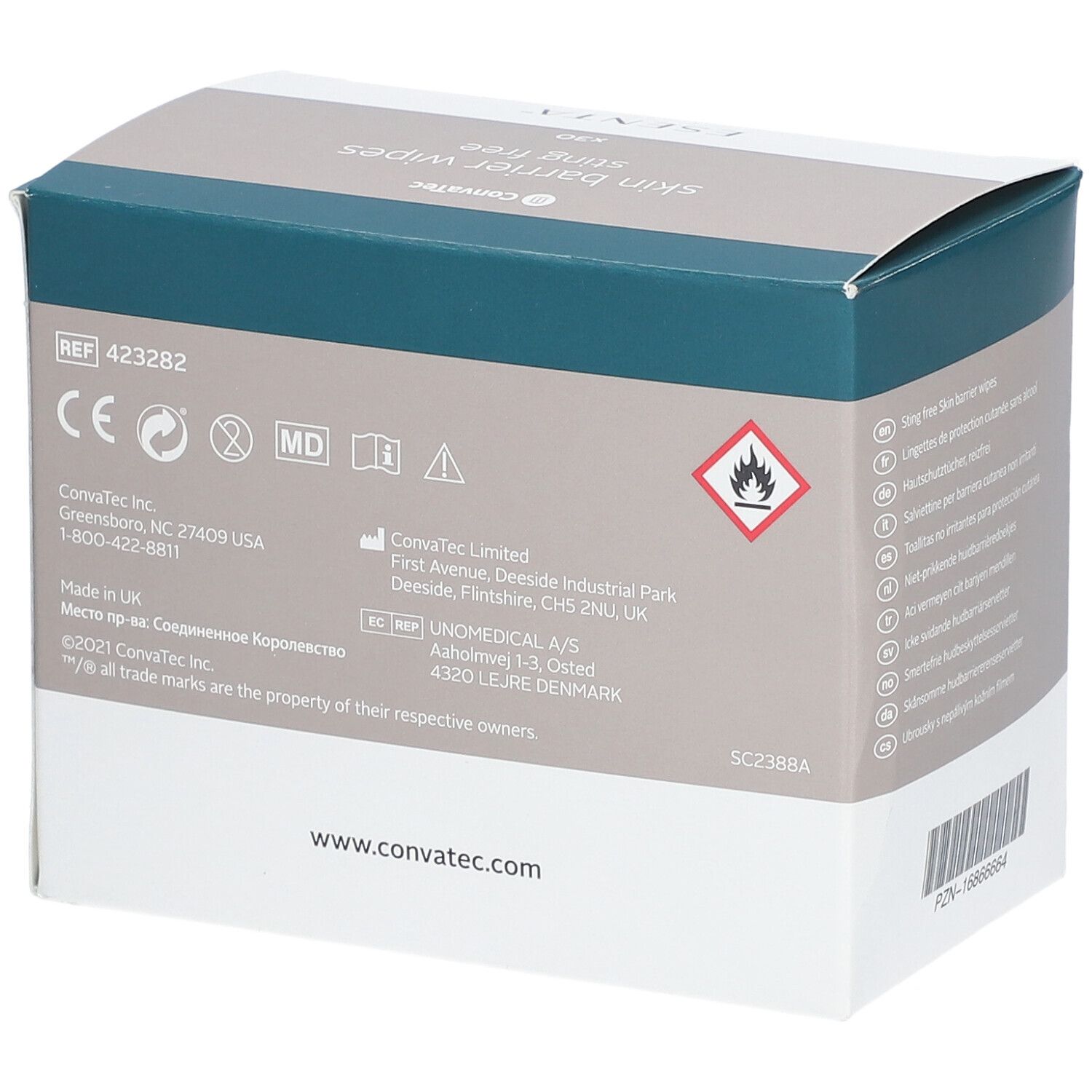 Achterkant van de ESENTA Skin Barrier Wipes doos. Informatie over fabrikant, ingrediënten en certificeringen. Waarschuwing.