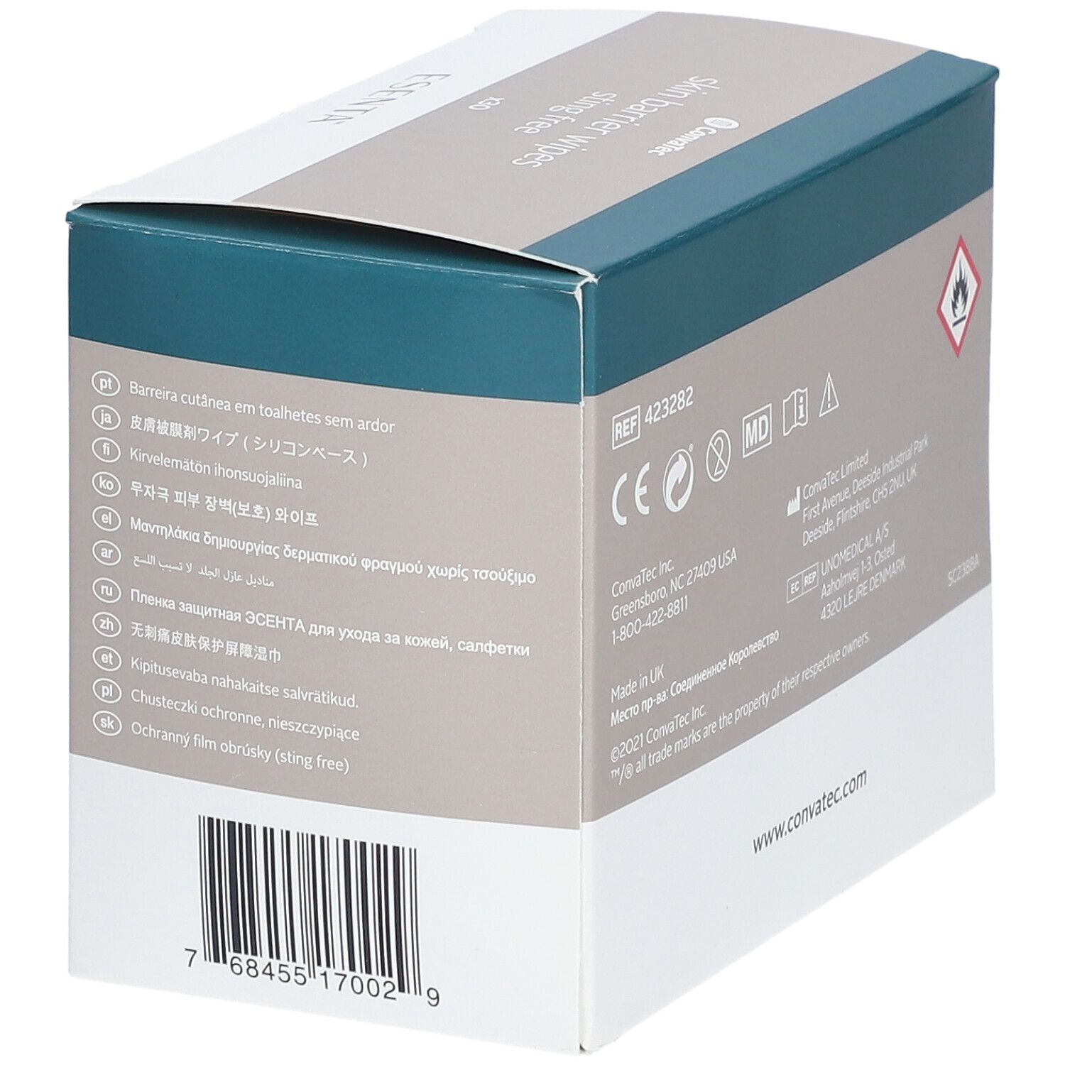 Achterkant van de ESENTA Skin Barrier Wipes doos. Informatie over fabrikant, ingrediënten en certificeringen. Waarschuwing.