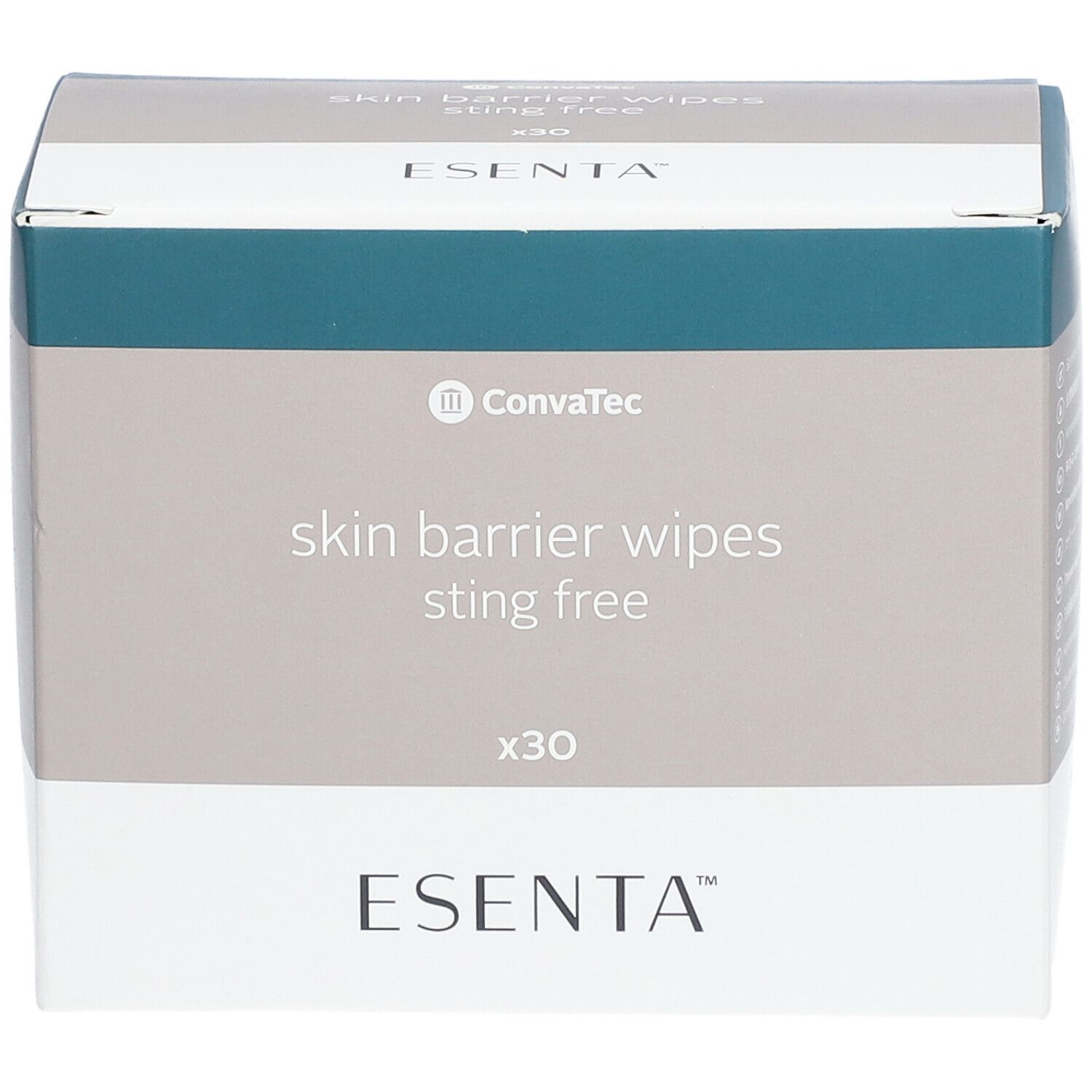 ESENTA Skin Barrier Wipes doosje. Verpakking in wit, grijs en blauw. Merk en productnaam duidelijk zichtbaar. Bevat 30 doekjes.