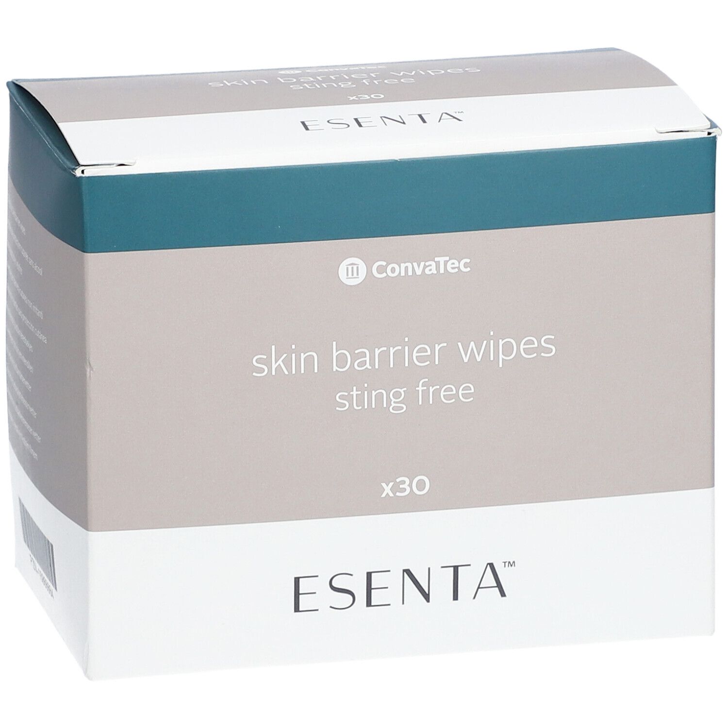 ESENTA Skin Barrier Wipes doosje. Verpakking in wit, grijs en blauw. Merk en productnaam duidelijk zichtbaar. Bevat 30 doekjes.
