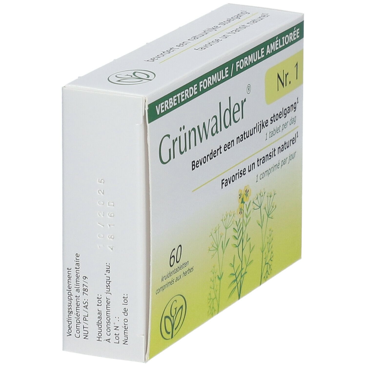 Boîte Grünwalder Nr. 1. Vue latérale avec nom du produit, texte et motif floral. 60 comprimés.