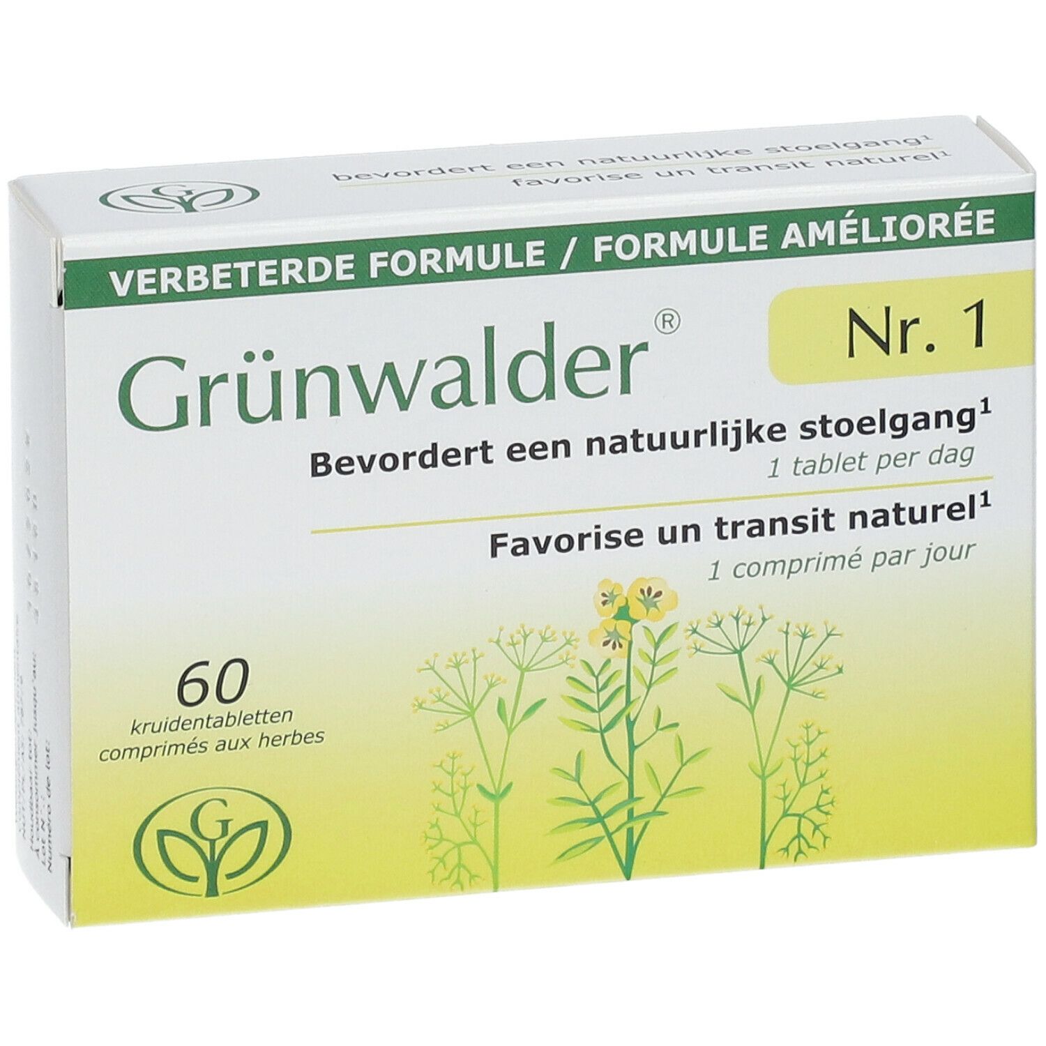 Boîte de Grünwalder Nr. 1, 60 comprimés. Face avant avec nom du produit, informations et motif floral.