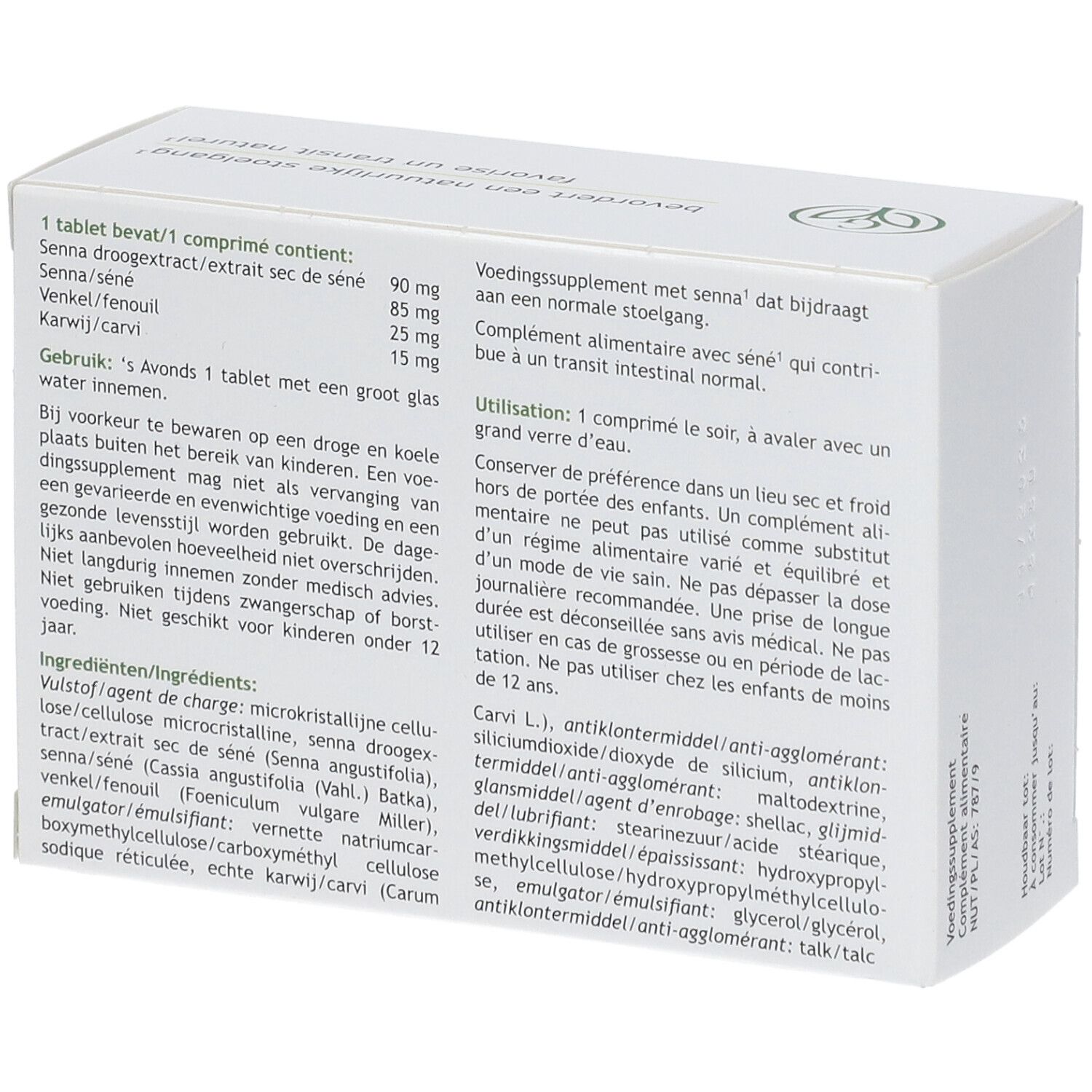 Achterkant van de doos Grünwalder Nr. 1. Meertalige tekst. Ingrediënten en gebruiksaanwijzing.