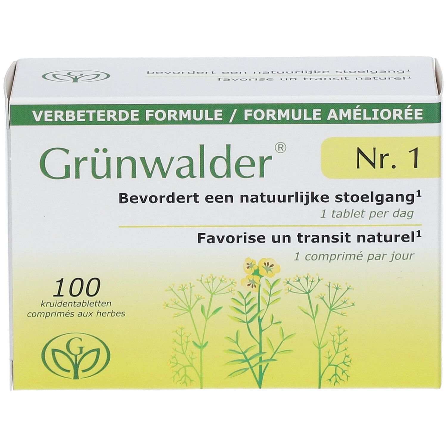 Doos Grünwalder Nr. 1. 100 tabletten. Groen, geel en wit. Kruidentabletten.