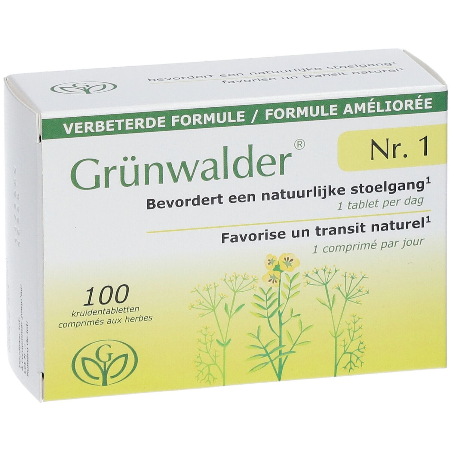 Doos Grünwalder Nr. 1. 100 tabletten. Groen, geel en wit. Kruidentabletten.