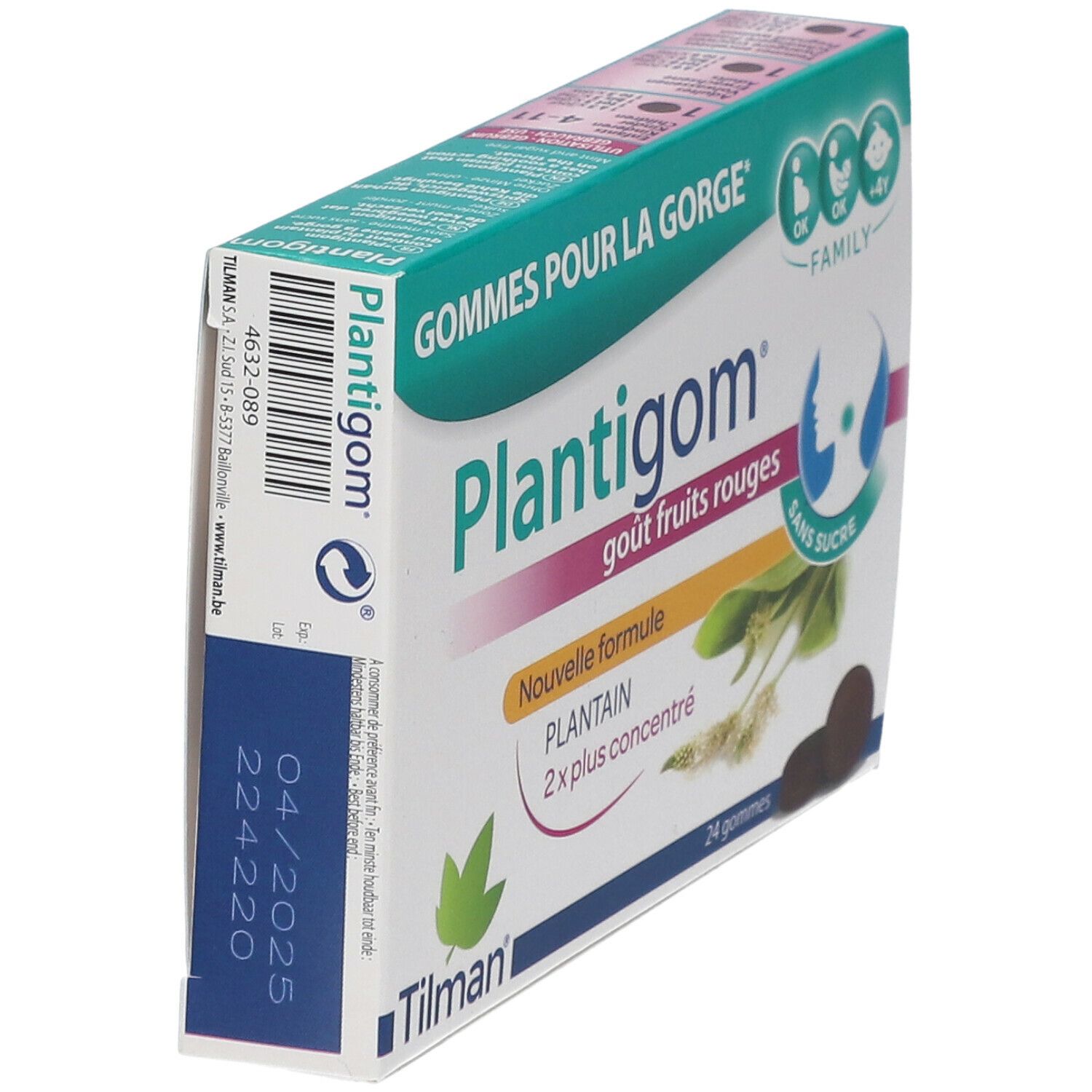 Plantigom-Packung, schräg von der Seite. Aufschrift: Gout fruits rouges, sans sucre. Logo: Tilman. Haltbarkeitsdatum: 04/2025.