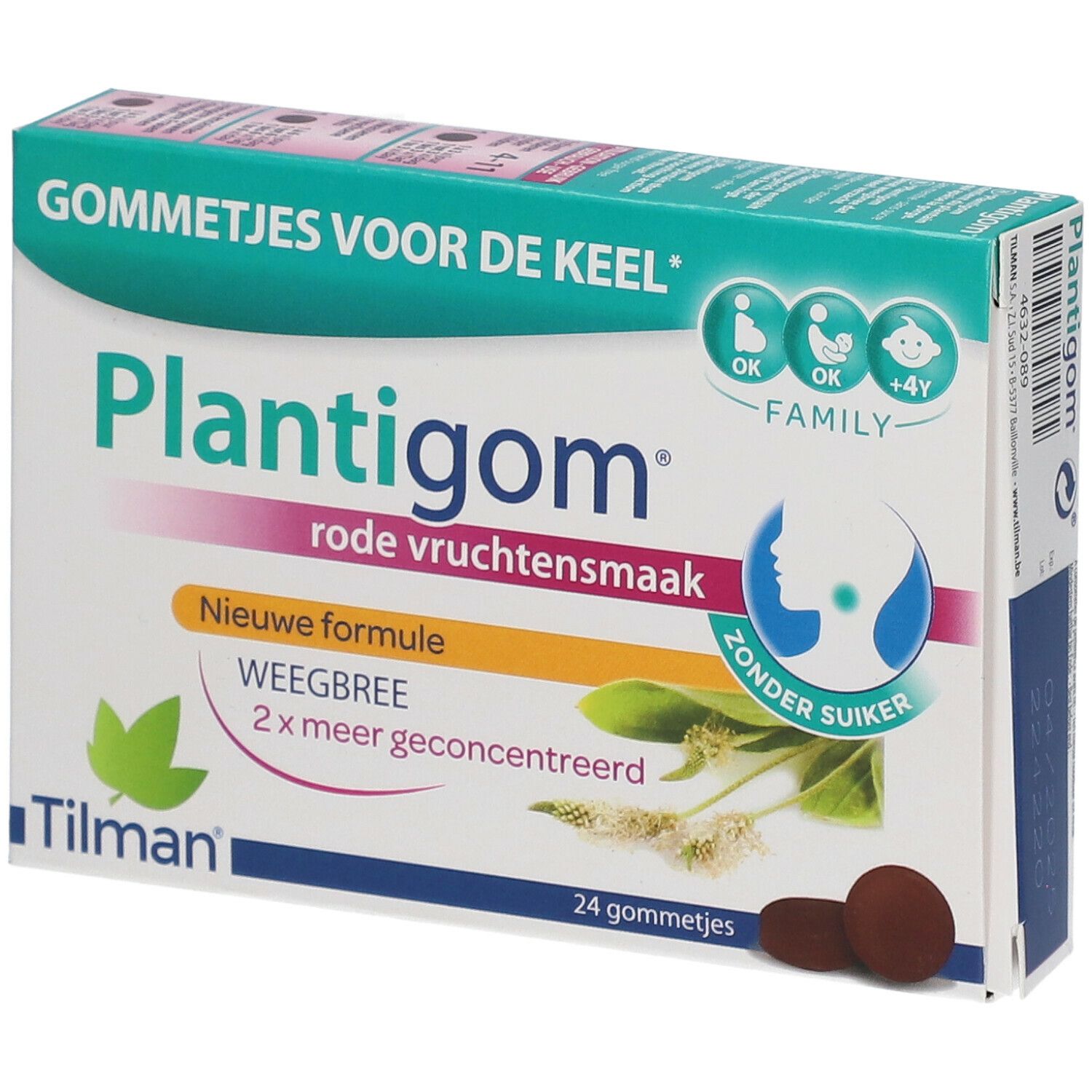 Plantigom-Packung mit 24 Gummis. Aufschrift: rode vruchtensmaak, zonder suiker. Logo: Tilman. Geeignet für die ganze Familie.