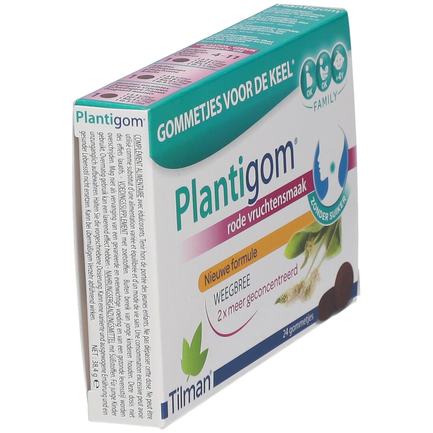Plantigom-Packung, schräg von der Seite. Aufschrift: rode vruchtensmaak, zonder suiker. Logo: Tilman. Mit 24 Gummis.