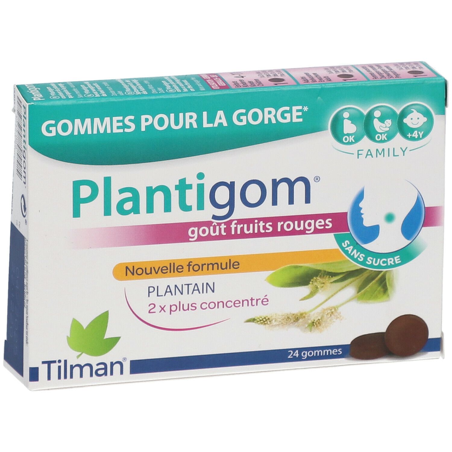 Plantigom-Packung mit 24 Gummis. Aufschrift: Gout fruits rouges, sans sucre. Logo: Tilman. Geeignet für die ganze Familie.