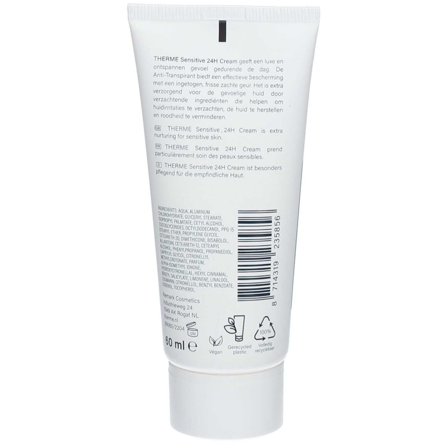 Rückseite einer THERME Antitranspirant Sensitive 24H Cream Tube mit Produktinformationen und Inhaltsstoffen.
