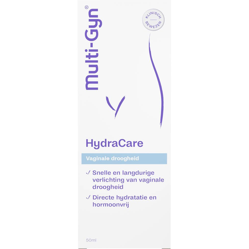 Multi-Gyn HydraCare verpakking. Productnaam en info op witte doos. Klinisch bewezen.