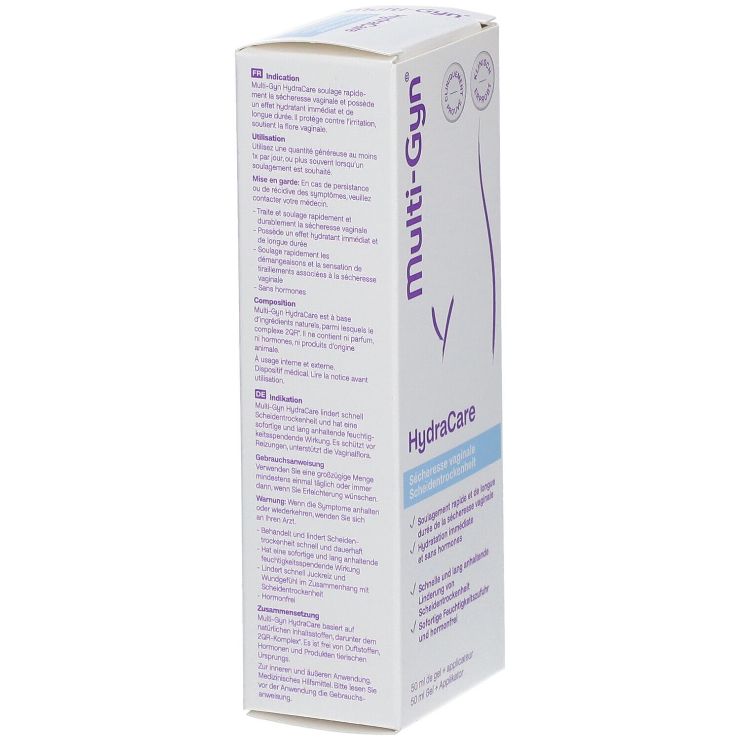 Multi-Gyn HydraCare verpakking, zijaanzicht. Tekst en logo's op witte doos. Klinisch bewezen.