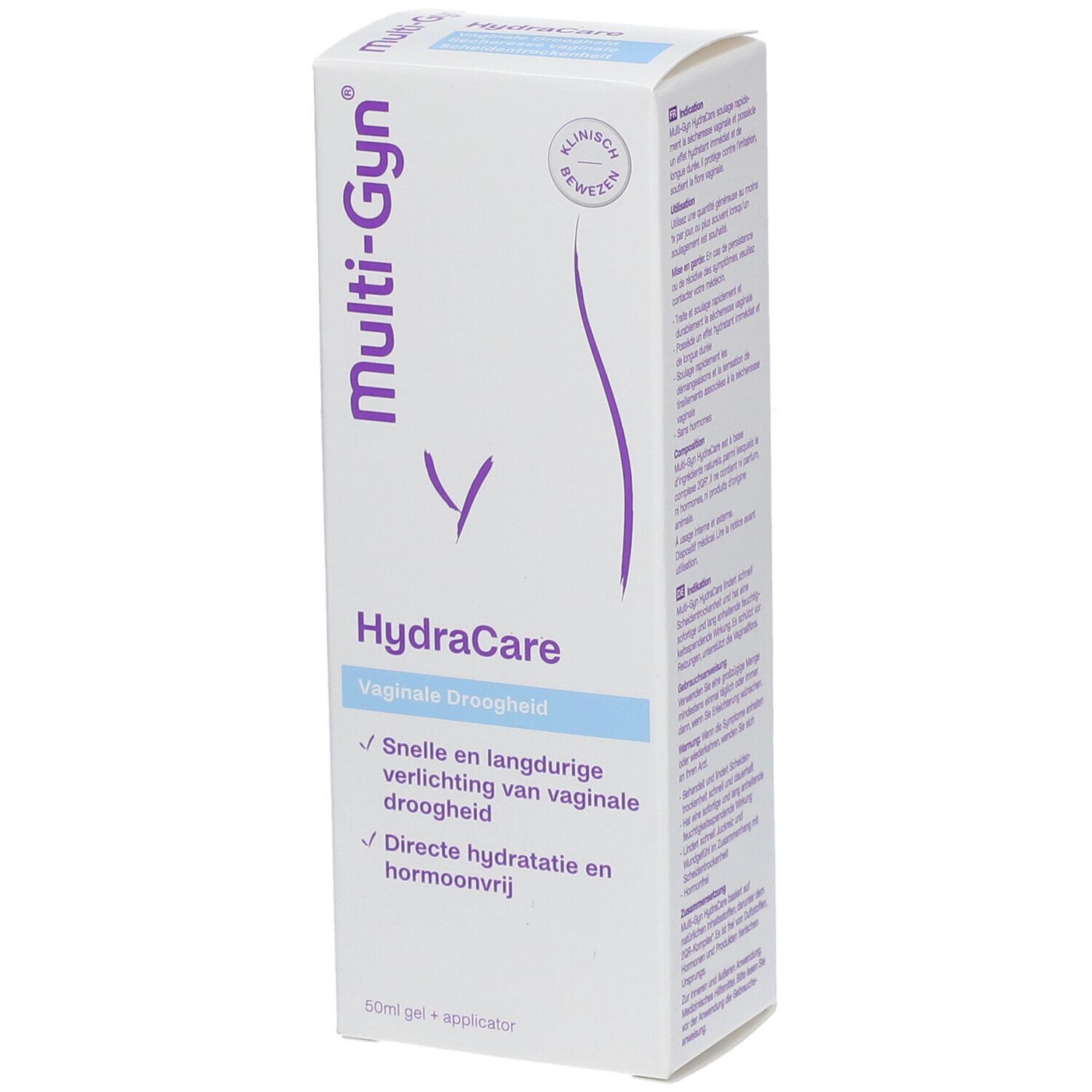Multi-Gyn HydraCare verpakking. Witte doos met productnaam en info. Klinisch bewezen.